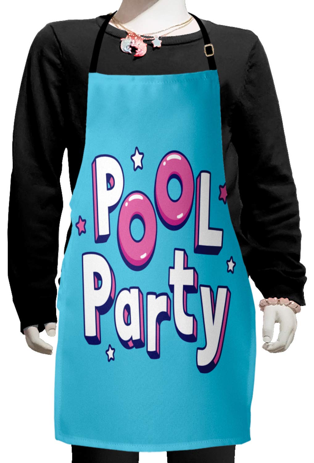 Ambesonne Pool Party Apron - Adjustable Small Bib Apron with Cartoon Calligraphy & Stars for Baking, Painting, Cooking, BBQ - Deep Sky Blue & Pink Design