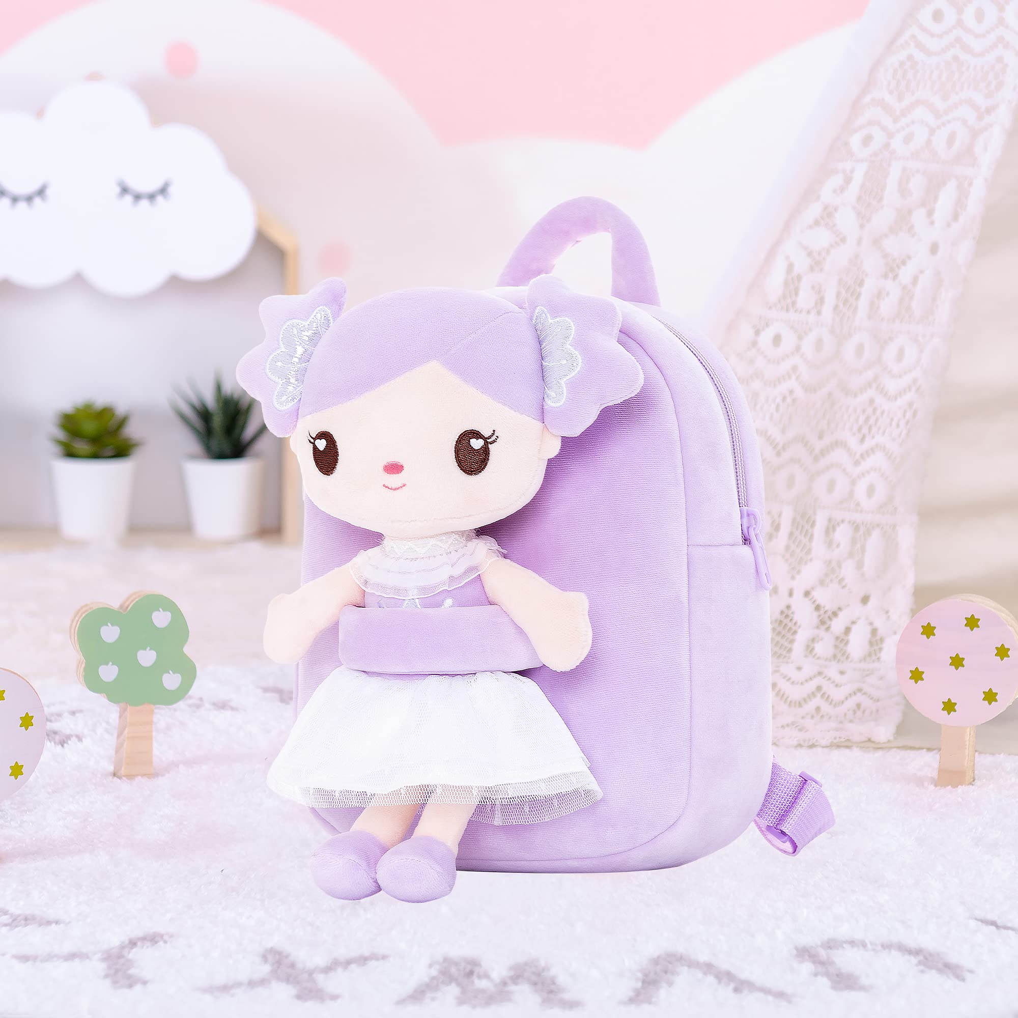 Gloveleya Toddler Backpack for Girls - Cute 9 Inch Kids Backpack with Candy Purple Doll - Perfect for Preschool, Daycare & Travel Accessories