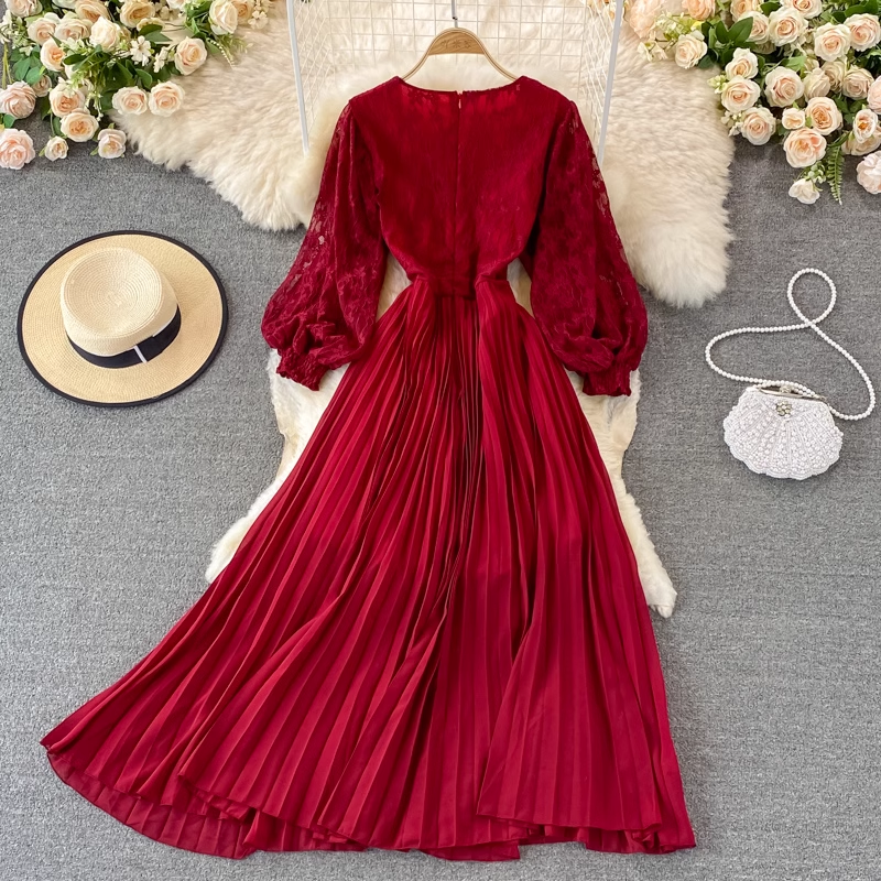 Elegant Autumn Long Sleeve V-Neck Lace Pleated Midi Dress for Women | Fall Wedding Guest Outfit & Holiday Party Dress