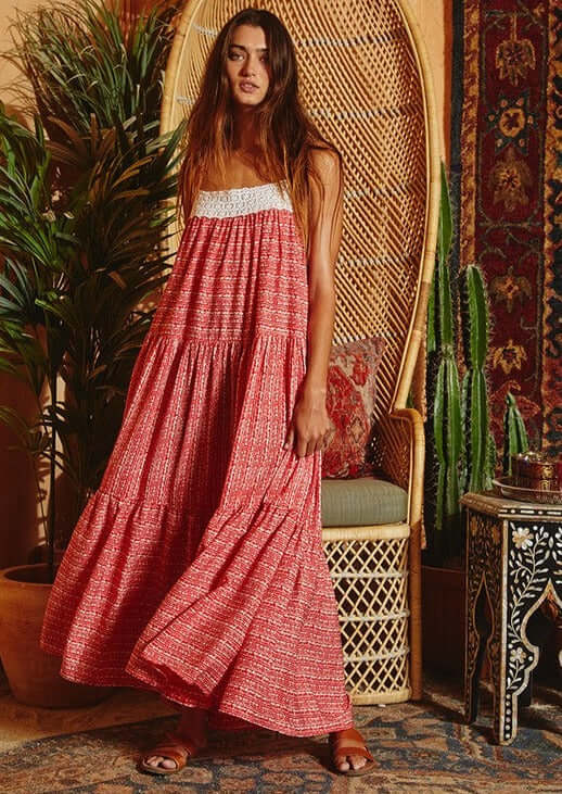 Elegant Lace Contrast Tiered Maxi Dress for Women - Summer Beach Wedding Party Formal Occasion - Final Sale Clearance