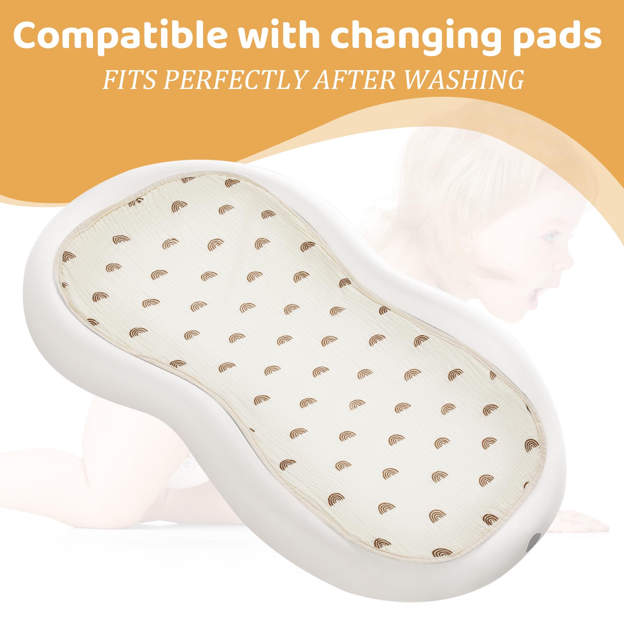 HOMBYS Washable Waterproof Baby Changing Pad Cover - 100% Cotton Muslin Changing Table Pad Liner (3 Pack, Cream White/Ginger/Rainbow) for Nursery, Diaper Changing Station & Travel