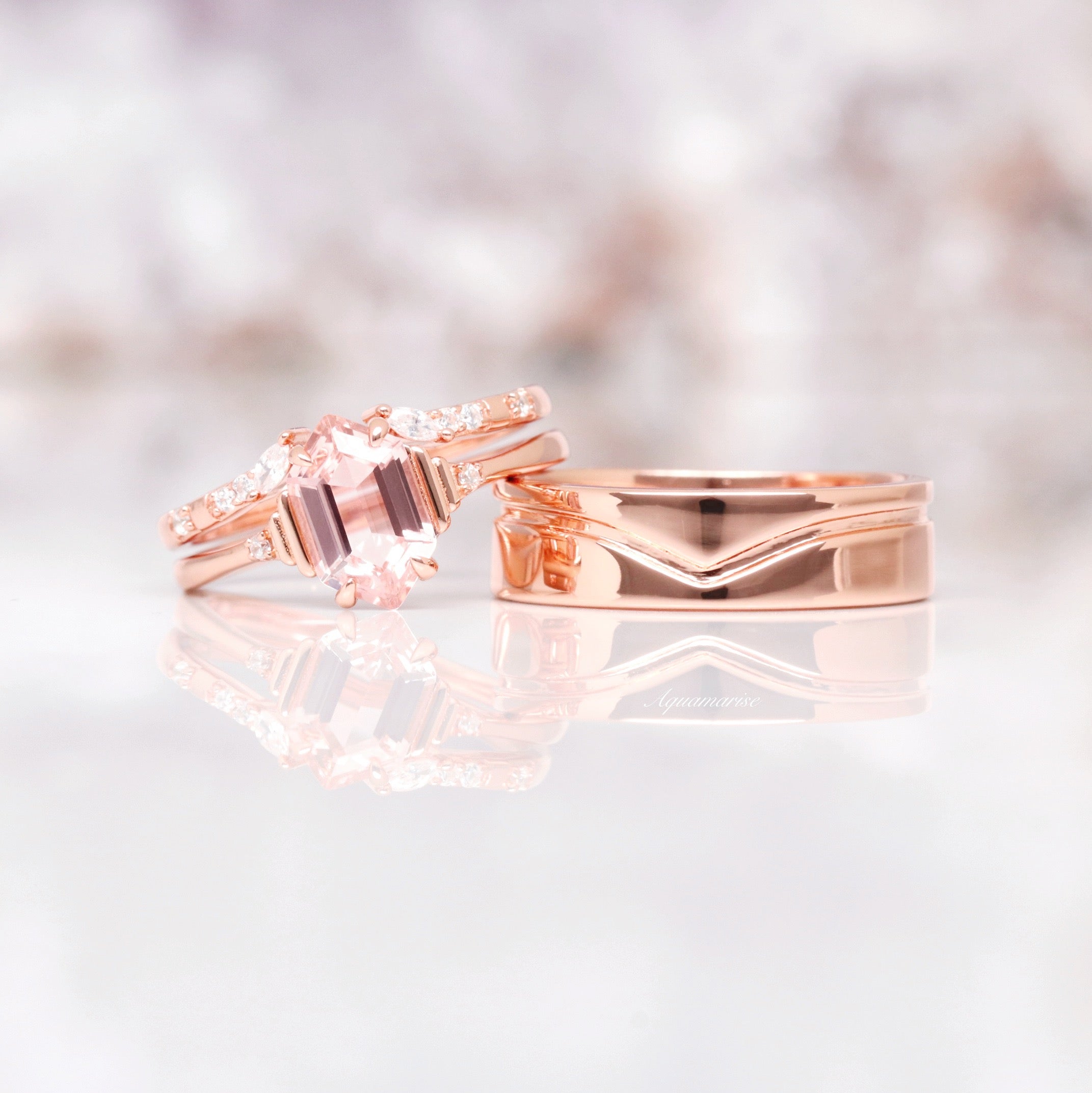 Hexagon Morganite Ring Set - 14K Rose Gold Vermeil Engagement & Wedding Jewelry for Women, Perfect for Bridal, Anniversary & Valentine's Day Gifts
