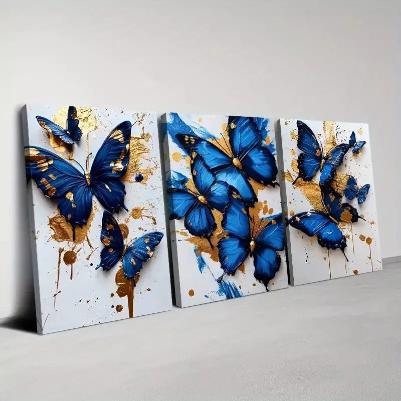 3-Piece Vintage Blue Butterfly Abstract Minimalist Wall Art Set - Framed Canvas 50x70cm (20x28in) - High Quality Print - 100% Australian Made - Ready to Hang - Perfect for Living Room, Bedroom & Office Decor