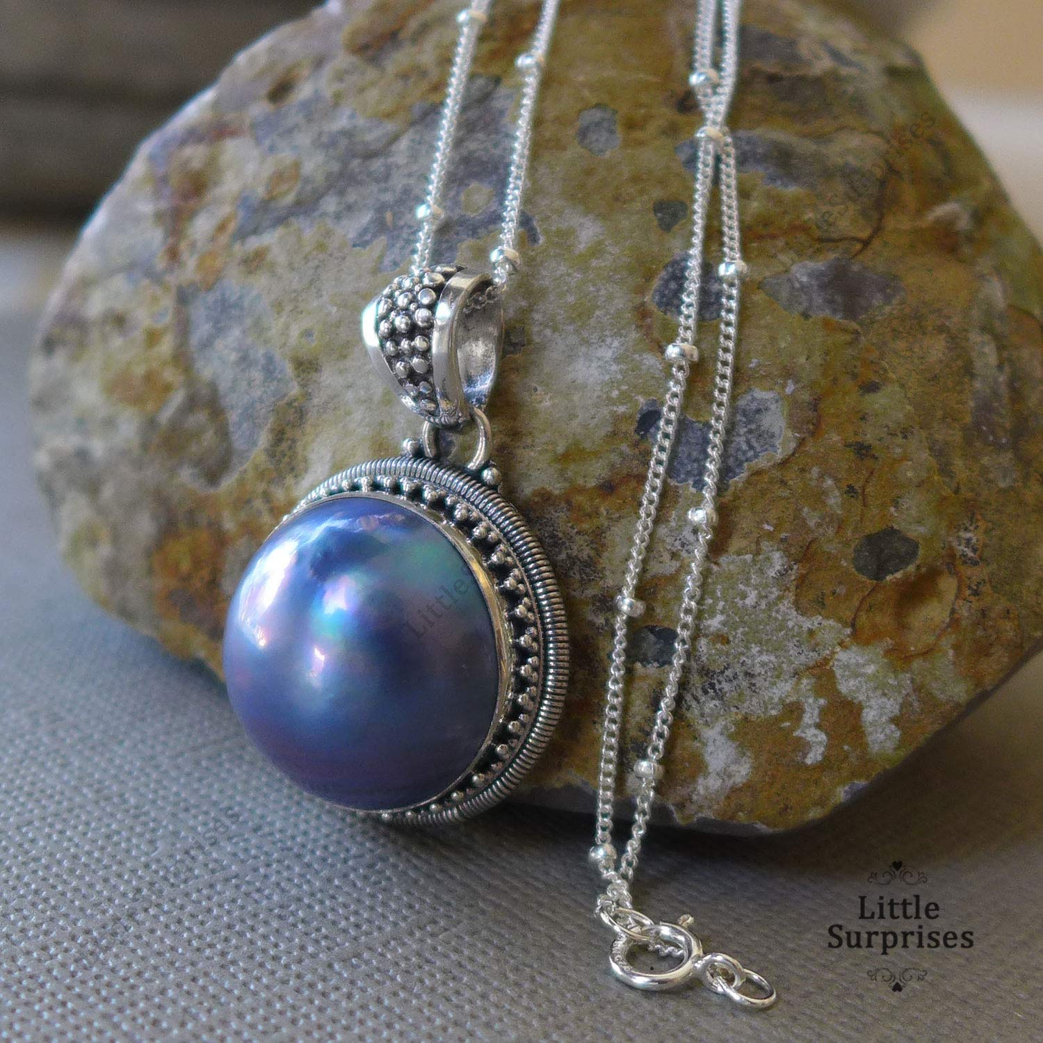 Elegant Purple Grey Mabe Pearl Bali Sterling Silver Pendant Necklace - 20 Inch Chain for Women | Perfect for Weddings, Parties & Special Occasions