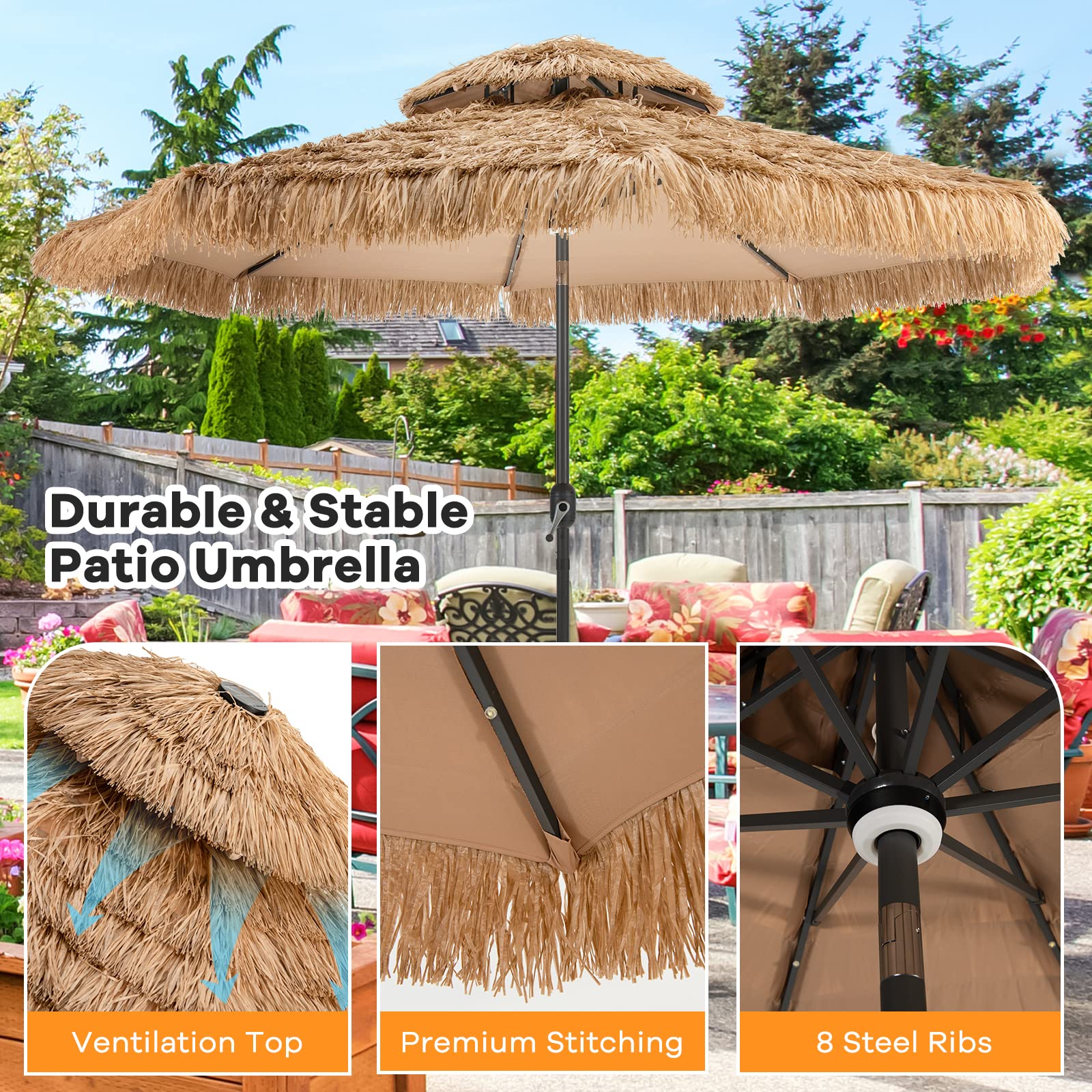 Tangkula 10ft Hawaiian-Style Thatched Patio Umbrella with 32 LED Lights & Solar Center Light - 2-Tier Tiki Umbrella, 8 Ribs, Tilt Adjustment, Manual Crank for Backyard, Poolside, Deck, Beach & Outdoor Parties