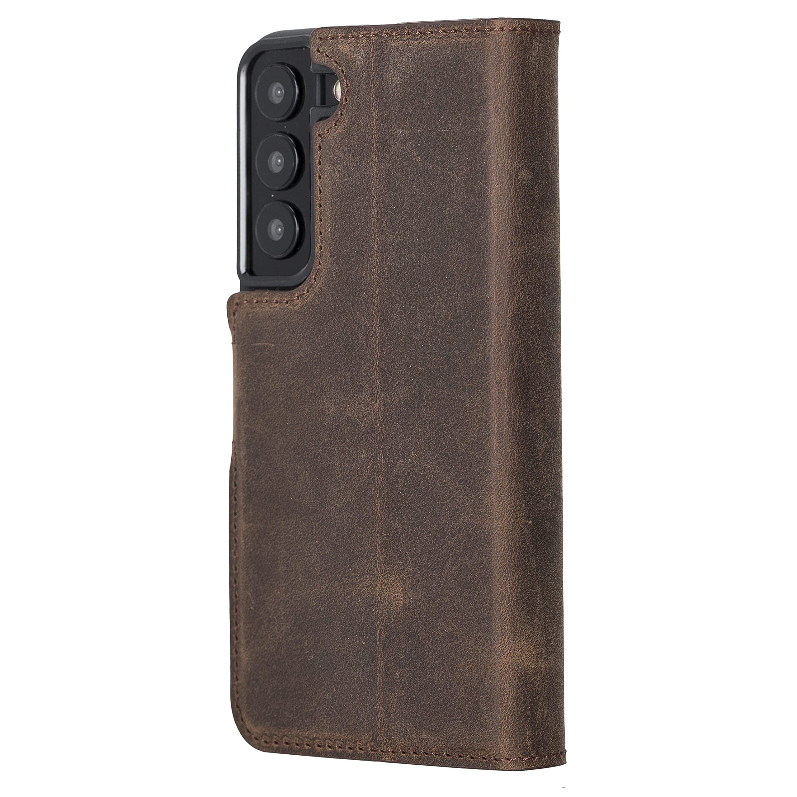 Premium Full Grain Leather Samsung Galaxy S22 Wallet Case - Detachable Magnetic Flip Cover with Kickstand & Card Holder (Brown) | Perfect for Business Professionals & Travelers