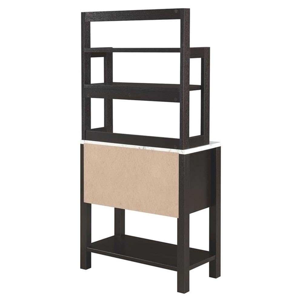 BOWERY HILL Multifunctional Home Bar Cabinet with Wine Storage & Glass Holder - White Faux Marble & Espresso Finish - Perfect for Living Room, Dining Room & Home Entertainment Areas