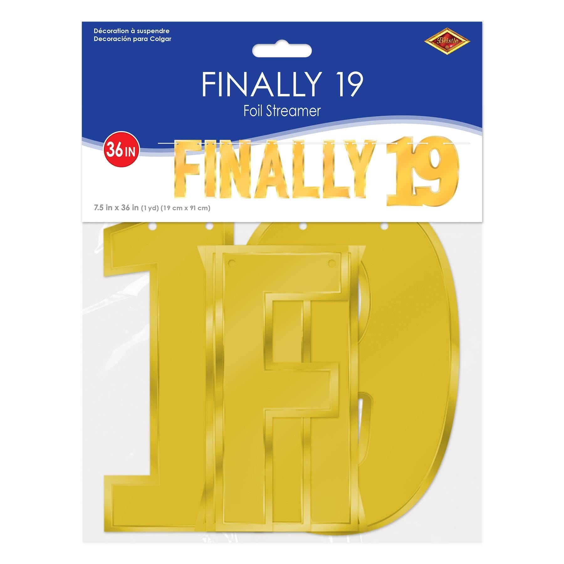 12 Pack Beistle Gold Foil Finally 19 Streamers - Perfect for Birthday Parties, Graduations & New Year Celebrations