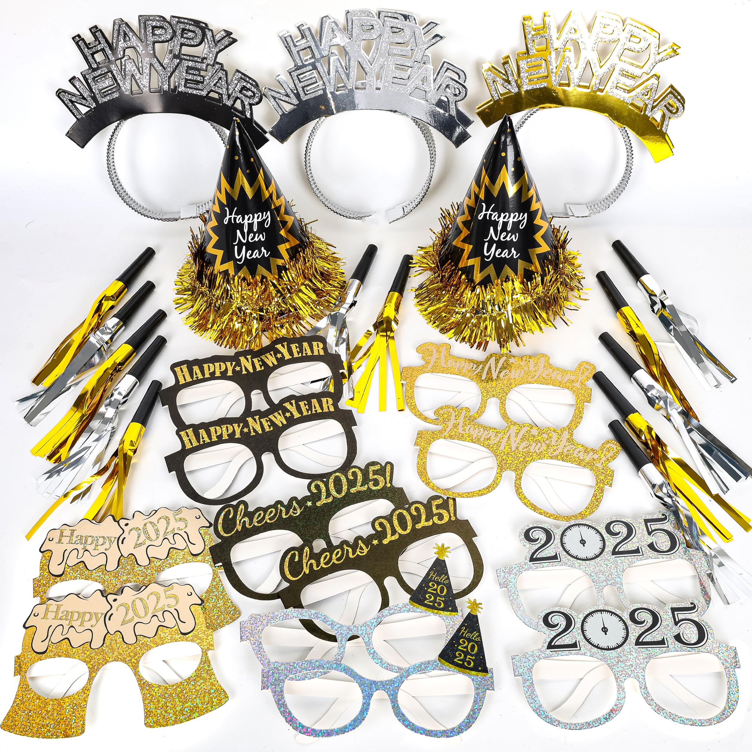 2025 New Year's Eve Party Supplies Kit - 36pcs Black Gold Silver Headbands, Noise Makers, Cone Hats & Cheers Glasses - NYE Party Decorations & Accessories for Countdown Celebrations, Ball Drop Events & New Year's Eve Parties