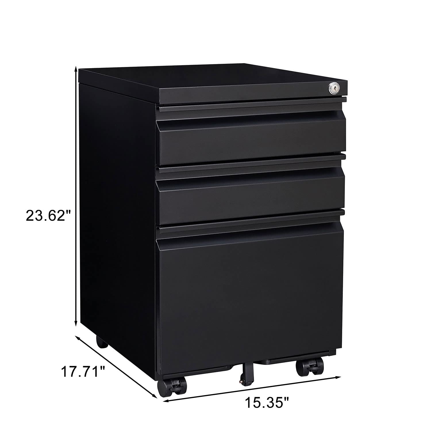 Lockable 3-Drawer Rolling File Cabinet - Black Mobile Pedestal Storage for Office, Under Desk Organizer (Letter/Legal/A4 Size) - Fully Assembled Except Casters - Perfect for Home Office, School, and Workspace Organization
