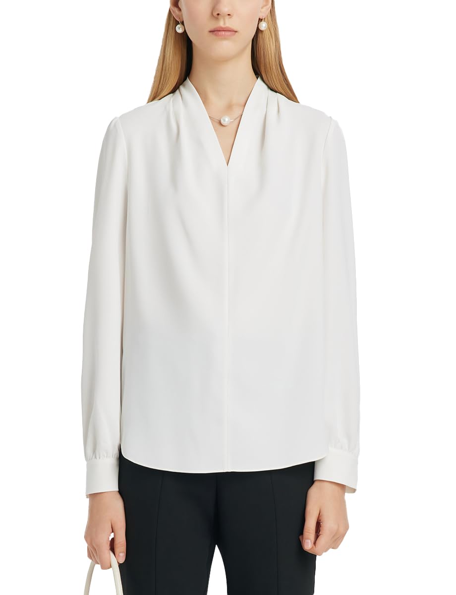 Women's Long Sleeve White Blouse - Dressy Casual Office Work Top for Professional & Everyday Wear | Perfect for Business Meetings, Office Outfits & Smart Casual Occasions