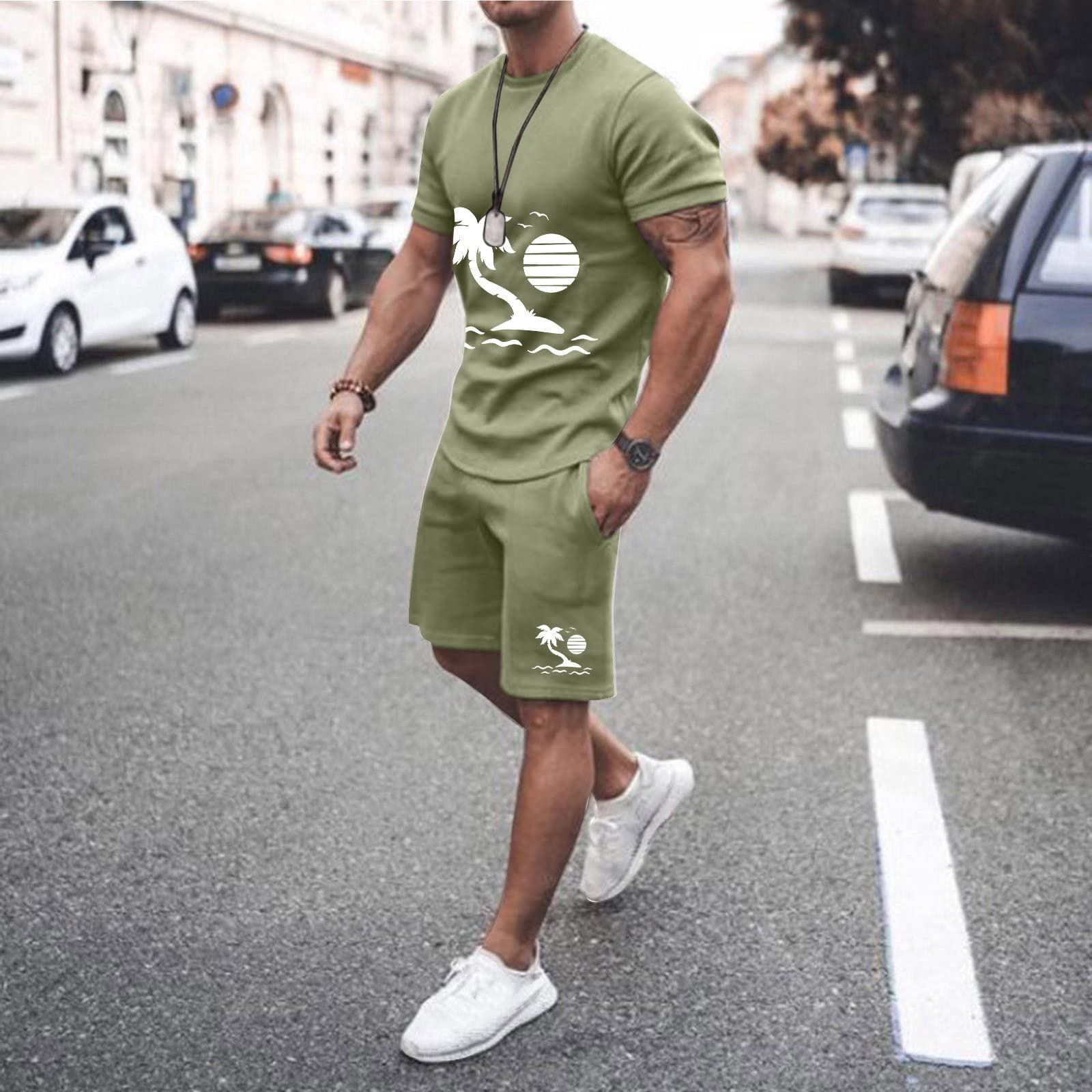 Men's 2-Piece Beach Short Sleeve Printed Shirt & Shorts Set with Pockets - Gym Running Football Workout Outfit for Swimming, Sports and Summer Activities