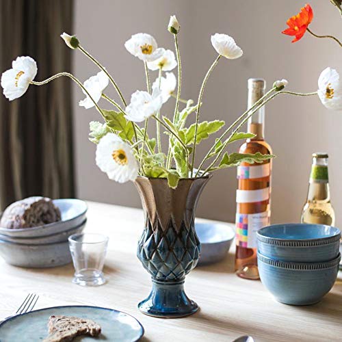RusticReach Blue & Gold Grid Pattern Glazed Ceramic Vase Set - Elegant Home Decor for Living Room, Dining Table & Wedding Centerpieces