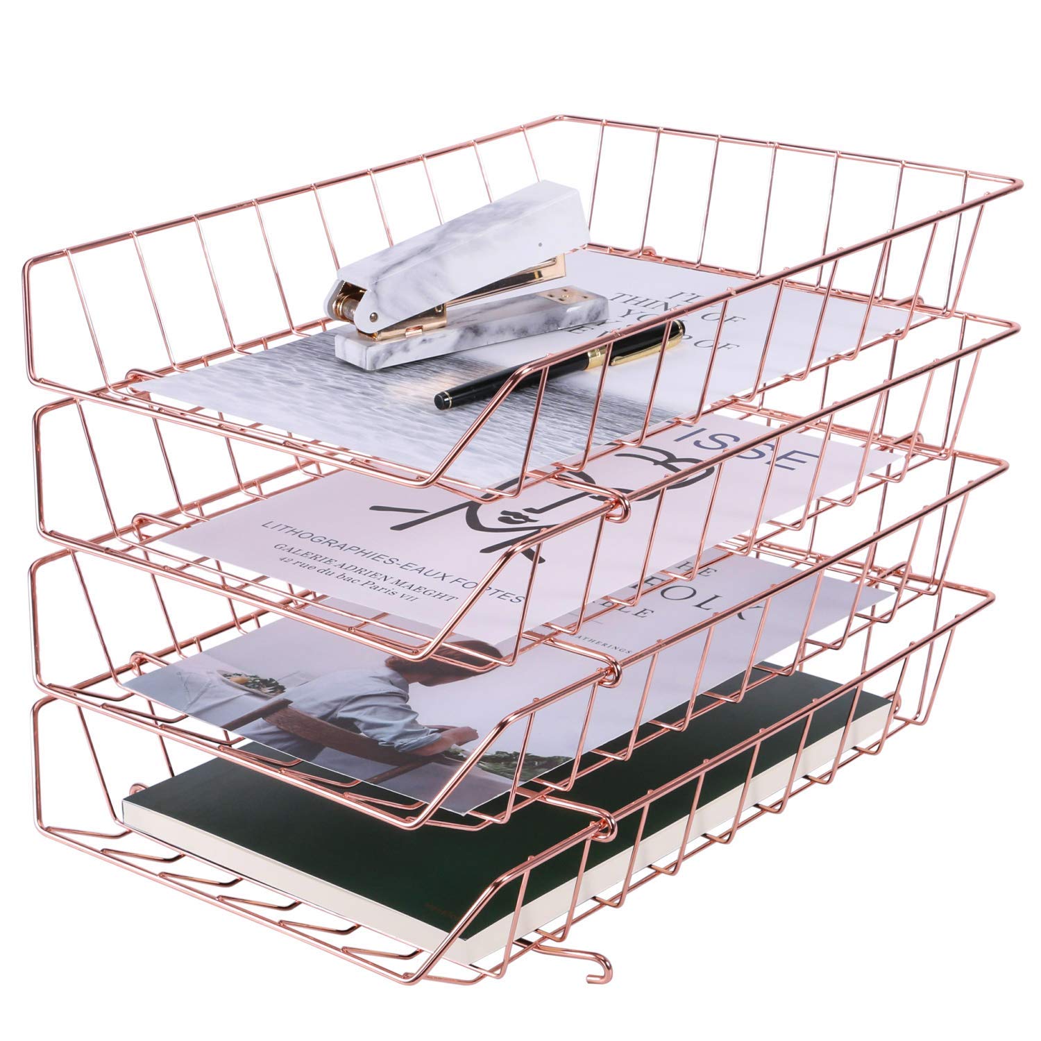 Z PLINRISE 4-Tier Stackable Letter Tray - Rose Gold Wire Desk Organizer for Mail, Magazines, Documents & Office Supplies | Perfect for Home, School & Office Workspace Organization