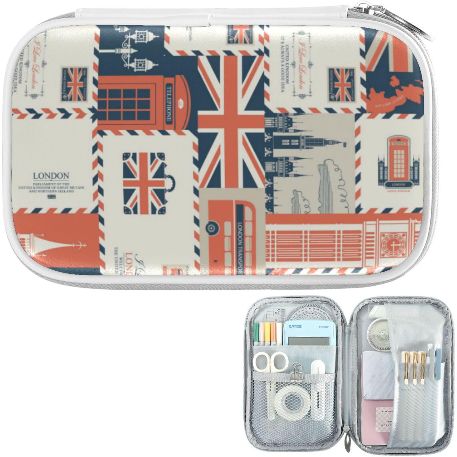 Retro London Marble Pencil Case - Zipper Organizer for School & Office Supplies