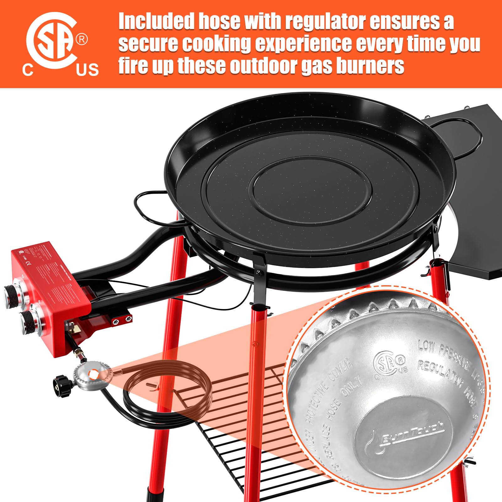 20-Inch Enameled Steel Paella Pan Set with Lid, Burner, Stand & Carry Bag - Complete Paella Kit with Built-In Ignitor, Regulator Hose (14 Servings) - Perfect for Outdoor Cooking, Parties, BBQs & Spanish Cuisine