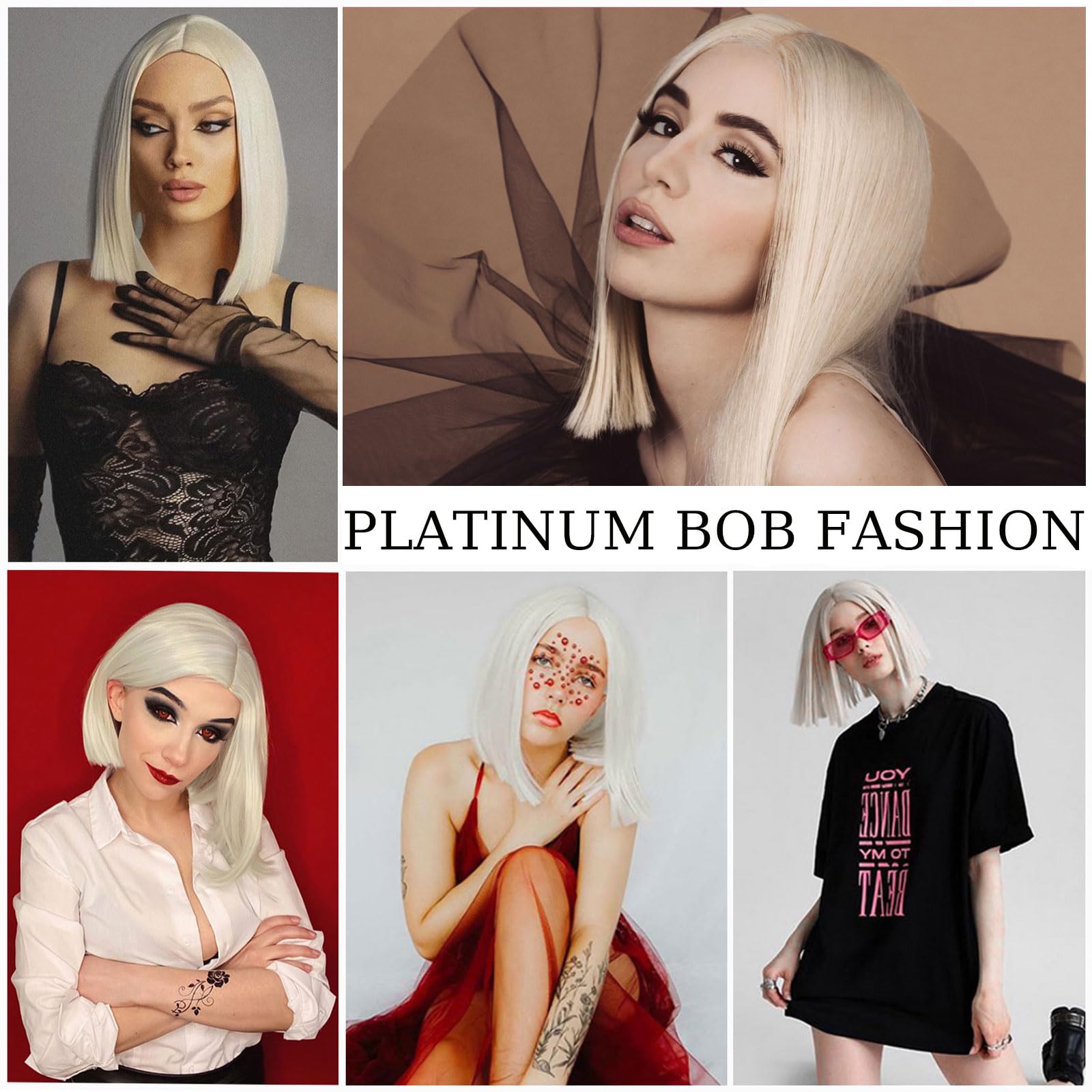 Platinum Blonde Short Bob Wig for Women - Heat Resistant Straight Synthetic Hair with Middle Part - 12 Inch Daily Wear & Party Cosplay Costume Wig - Perfect for Halloween, Cosplay Events, and Fashion Styling