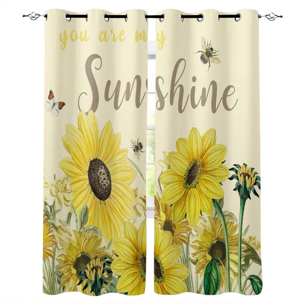 Sunflower Printed Window Curtains & Drapes Set of 2 Panels - 52x63 Inches for Kitchen, Bedroom & Living Room - 'You Are My Sunshine' Design - Light Filtering & Privacy Window Treatments - Perfect for Farmhouse, Boho & Cottage Decor Styles