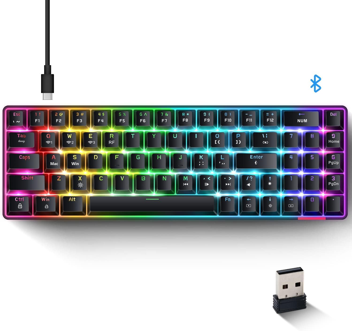 A.JAZZ 60% Compact Hot-Swappable Wireless Mechanical Gaming Keyboard - Bluetooth 5.0/2.4GHz USB/Wired Type-C, 4000mAh Battery, 69 Keys with Blue Switches & 18 RGB Backlit - for PC, Mac, Gaming, Office & Typing Enthusiasts