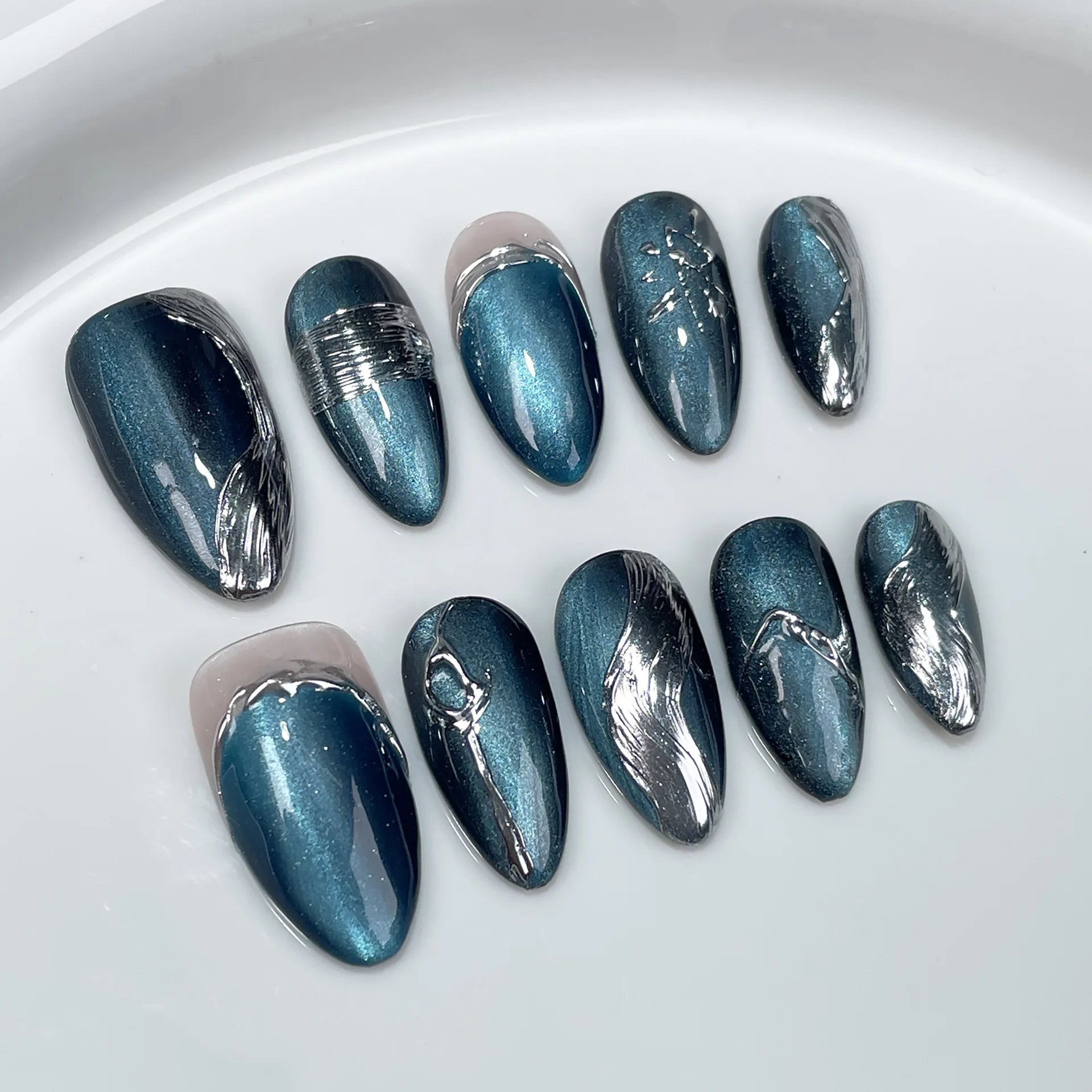 10Pcs Metallic Almond Press-On Fake Nails with Glue - Dark Color Full Cover False Nails for Manicure | Sweet & Cool Gel Nail Tips for Party, Wedding, Date Night & Special Occasions