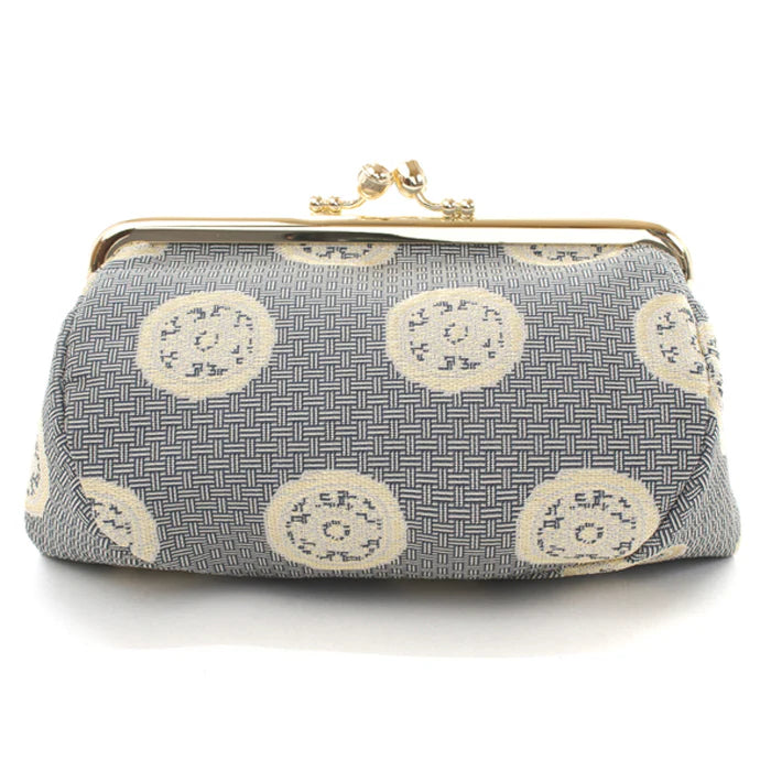 Nishijin Woven Wheel-Shaped Small Pouch - Gray | Handmade in Kyoto Japan | Cosmetic & Makeup Bag, Japanese Gamaguchi Pouch | Perfect for Travel Toiletry, Stationery Organization & Bag Organizer | Elegant Gift for Women & Daily Use Accessory