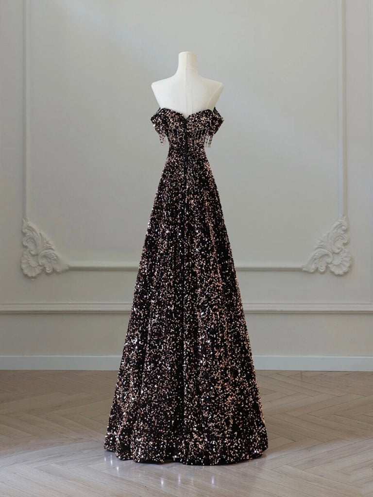 Elegant Off Shoulder A-Line Coffee Gold Sequin Long Prom Dress | Formal Evening Gown for Homecoming, Wedding & Special Occasions