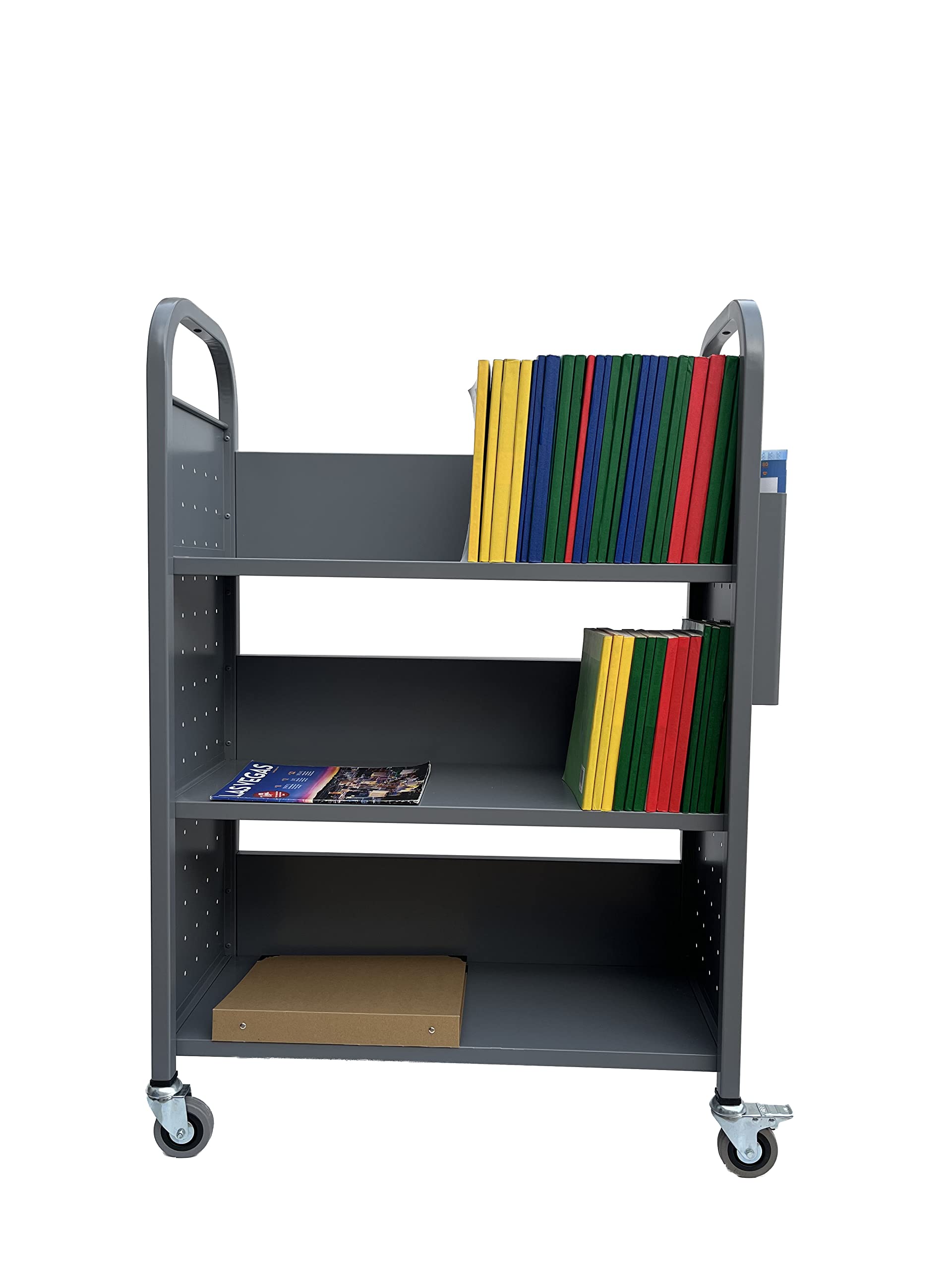 Workington Rolling Book Truck with 3 Flat Shelves - Mobile Library Cart with Swivel Locking Casters, 3001 Gray - Perfect for Libraries, Schools, Bookstores & Office Organization