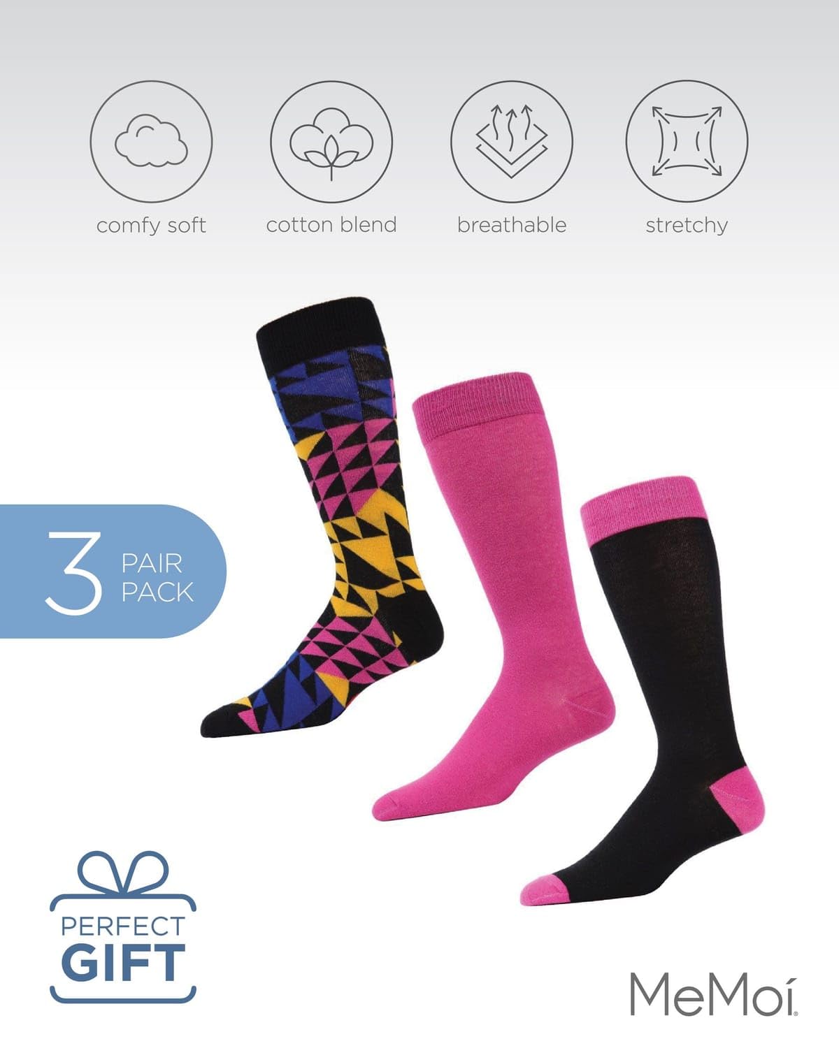 MeMoi Men's 3-Pack Asymmetrical Cotton Blend Crew Socks - Comfortable Casual & Athletic Socks for Everyday Wear, Gym, Work & Outdoor Activities