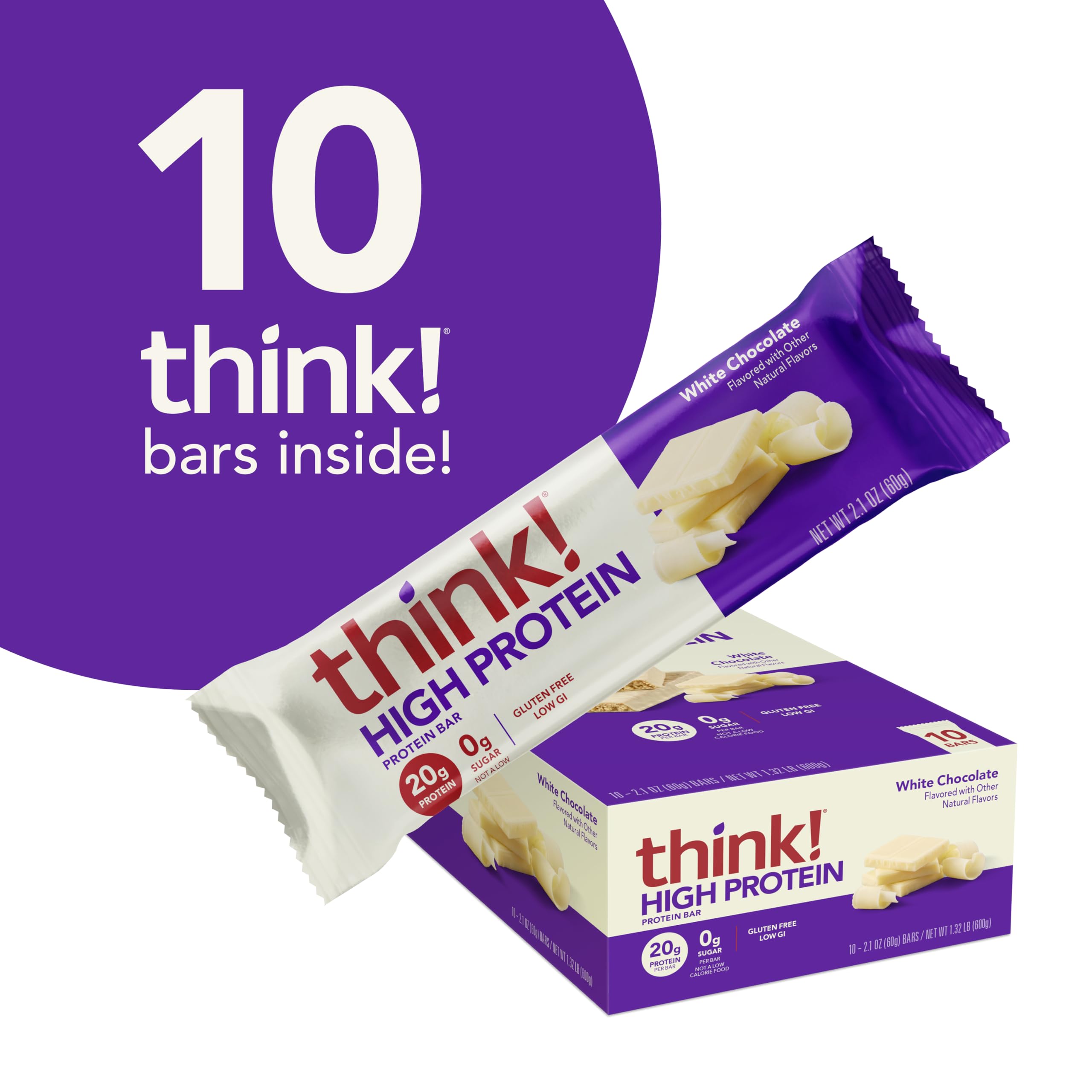 Think! Protein Bars - High Protein Snacks, Gluten Free, Kosher Friendly, White Chocolate Nutrition Bars, 2.1 Oz (10 Count) - Perfect for Workout Recovery, Office Snacks & Healthy On-the-Go Energy