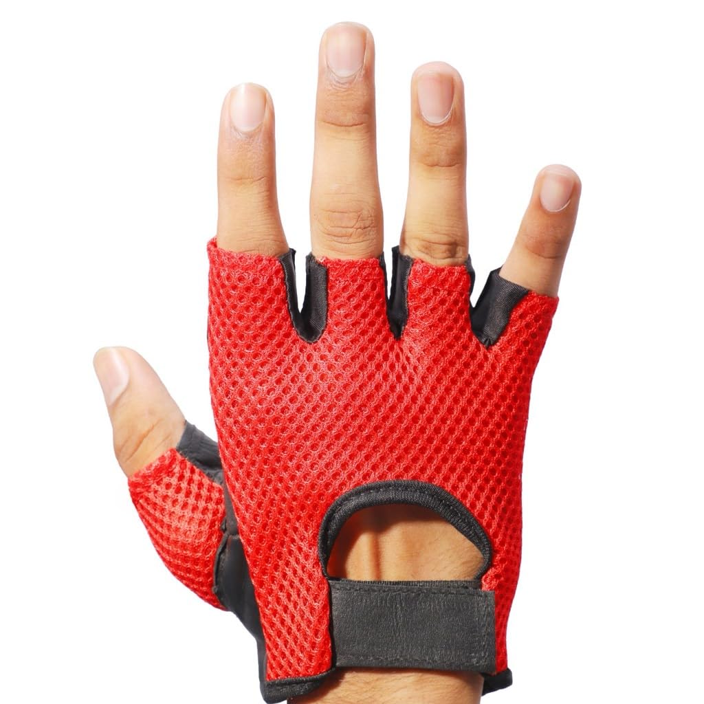 Prime Sports Leather & Mesh Fingerless Weight Lifting Gloves for Gym & Wheelchair Use - Breathable Workout Gloves for Cross Training, Powerlifting & Mobility Support (Black/Red, Model WLG-021)