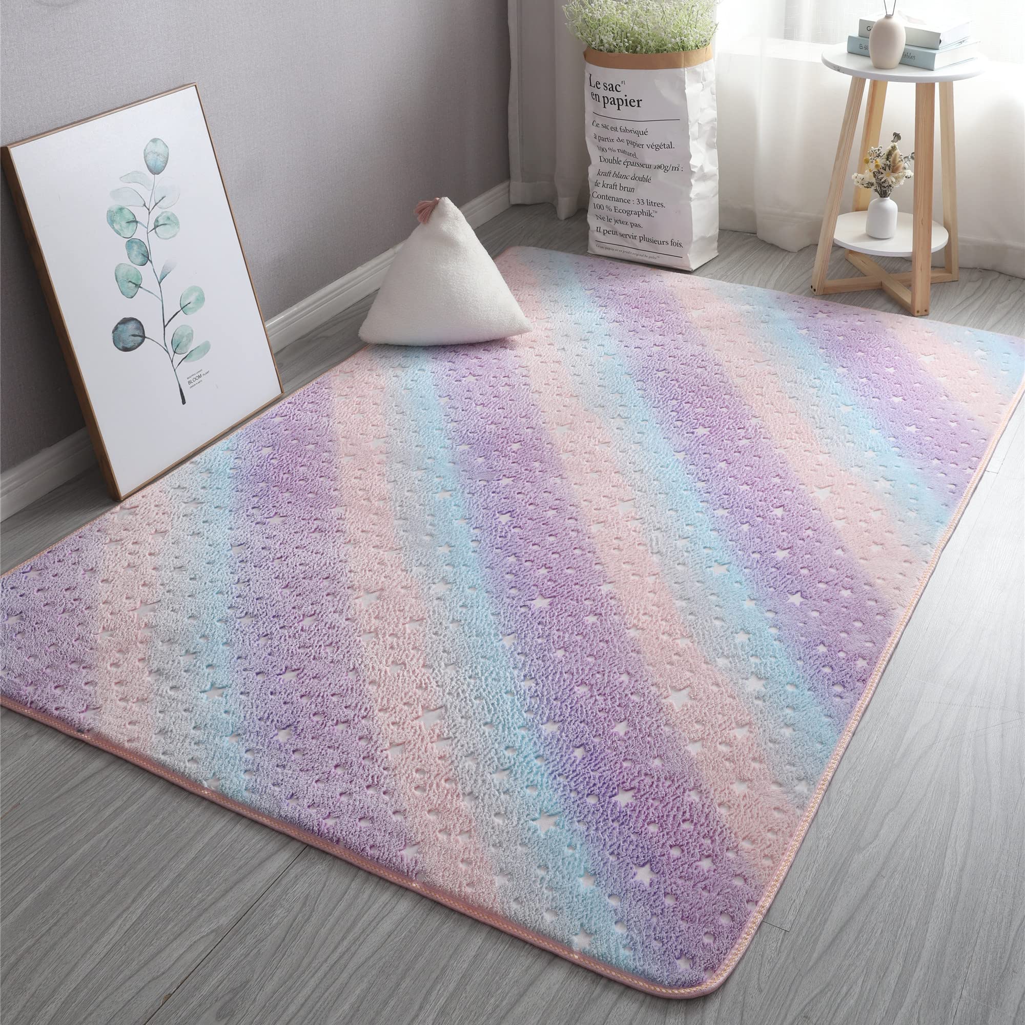 Glow in The Dark Area Rug - Soft Washable Modern Indoor Carpet for Bedroom, Living Room, Kids Room & Dorm Decor - Rainbow Stars Design (6.6x8.2 Feet) - Perfect for Nighttime Safety, Themed Rooms & Cozy Home Decor