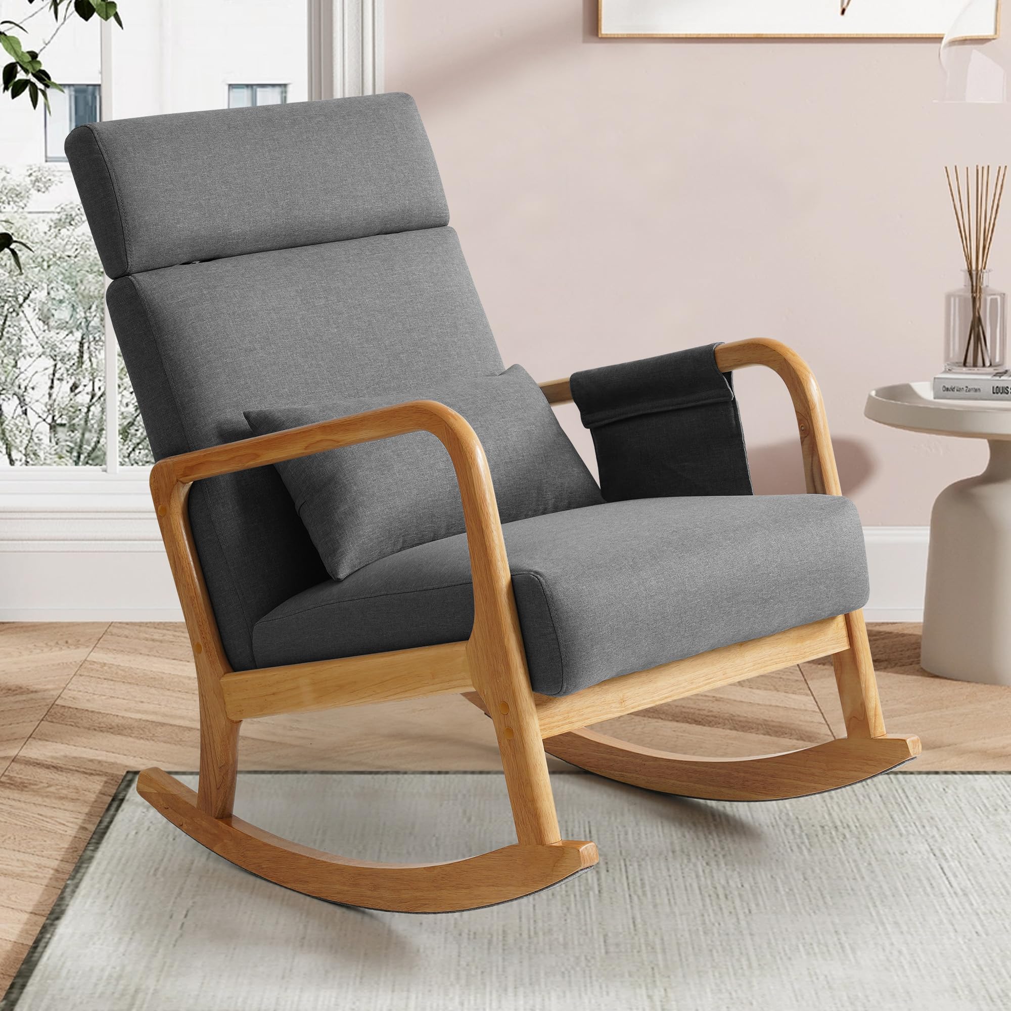 BEDHOURS Upholstered Nursery Glider Rocking Chair with High Backrest - Comfortable Armchair with Side Pocket & Pillow - Accent Chair for Living Room, Bedroom, Nursery (Light Gray) - Perfect for Breastfeeding, Reading & Relaxing