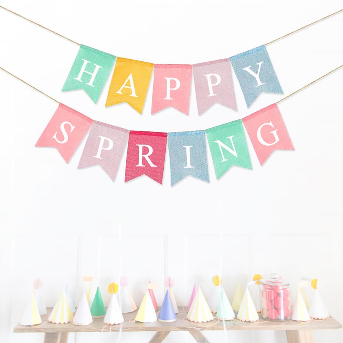 Happy Spring Burlap Pull Flag Banner - European & American Style Rustic Decor for Easter, Garden Party, and Seasonal Home Decoration