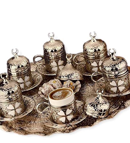 Premium Espresso Coffee Cups Set of 6 with Saucers & Holders - Porcelain Turkish/Arabic/Greek Style Coffee Set - Elegant Silver Cups for Home, Office or Cafe Use - Perfect Wedding, Housewarming & Hostess Gifts - Ideal for Afternoon Tea, Coffee Breaks & Entertaining Guests