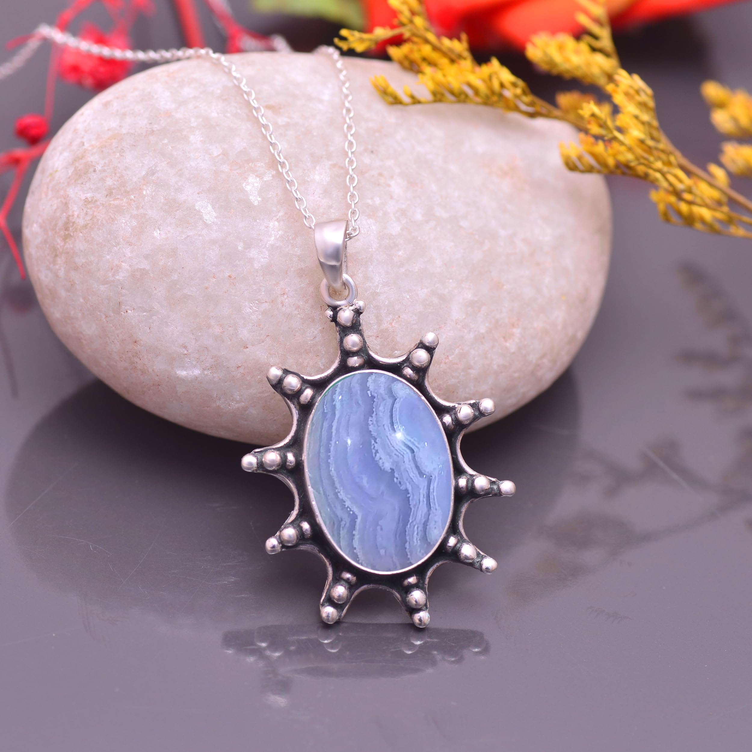 925 Sterling Silver Blue Lace Agate Pendant Necklace for Women - 18 Inch Handmade Gemstone Jewelry with Chain - Elegant Fashion Statement for Office, Date Night & Special Occasions