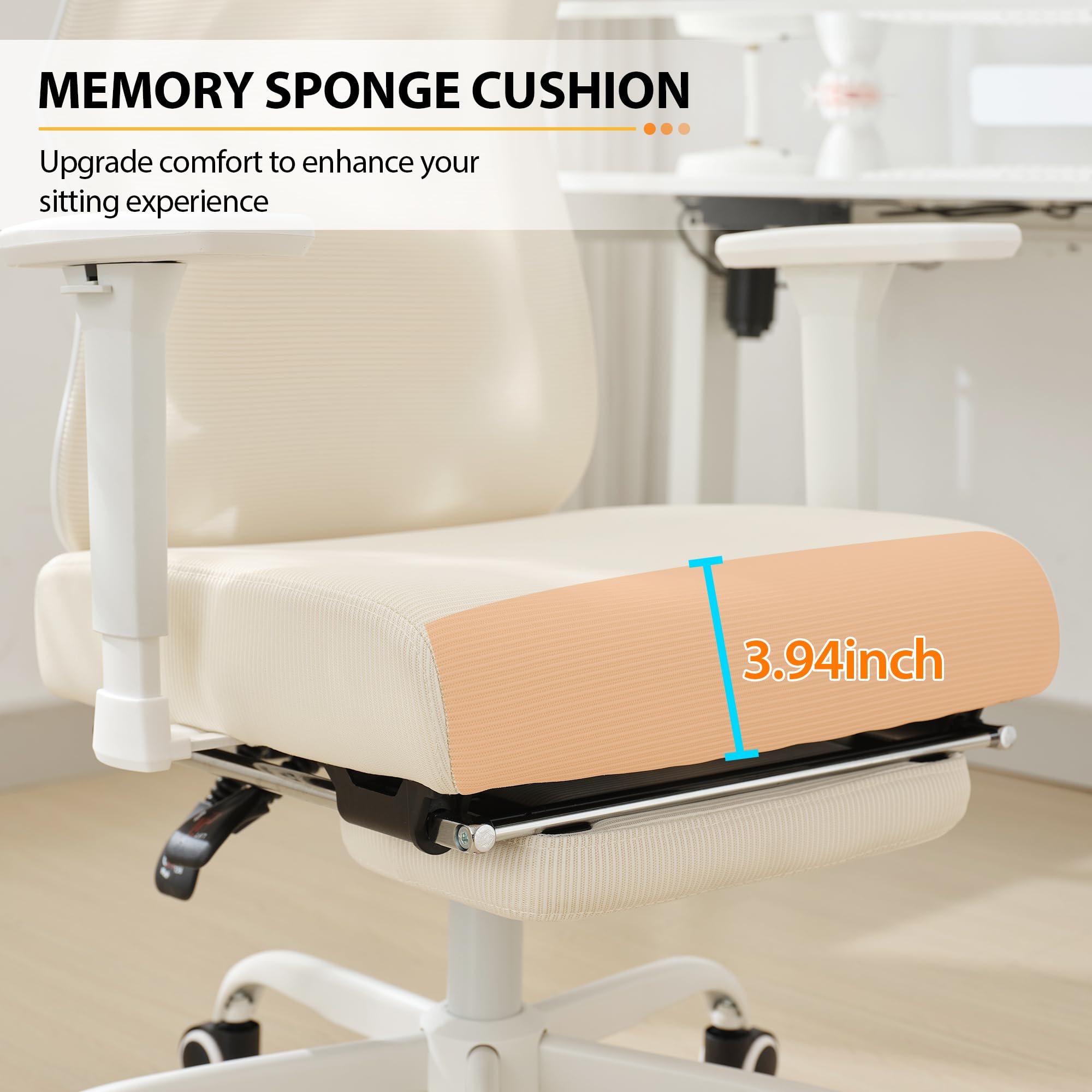 Qulomvs Ergonomic Massage Office Chair with Foot Rest - High Back Reclining Desk Chair with Vibration Massage, Breathable Mesh Computer Chair for Home Office (Cream White) - Perfect for Work, Gaming & Relaxation