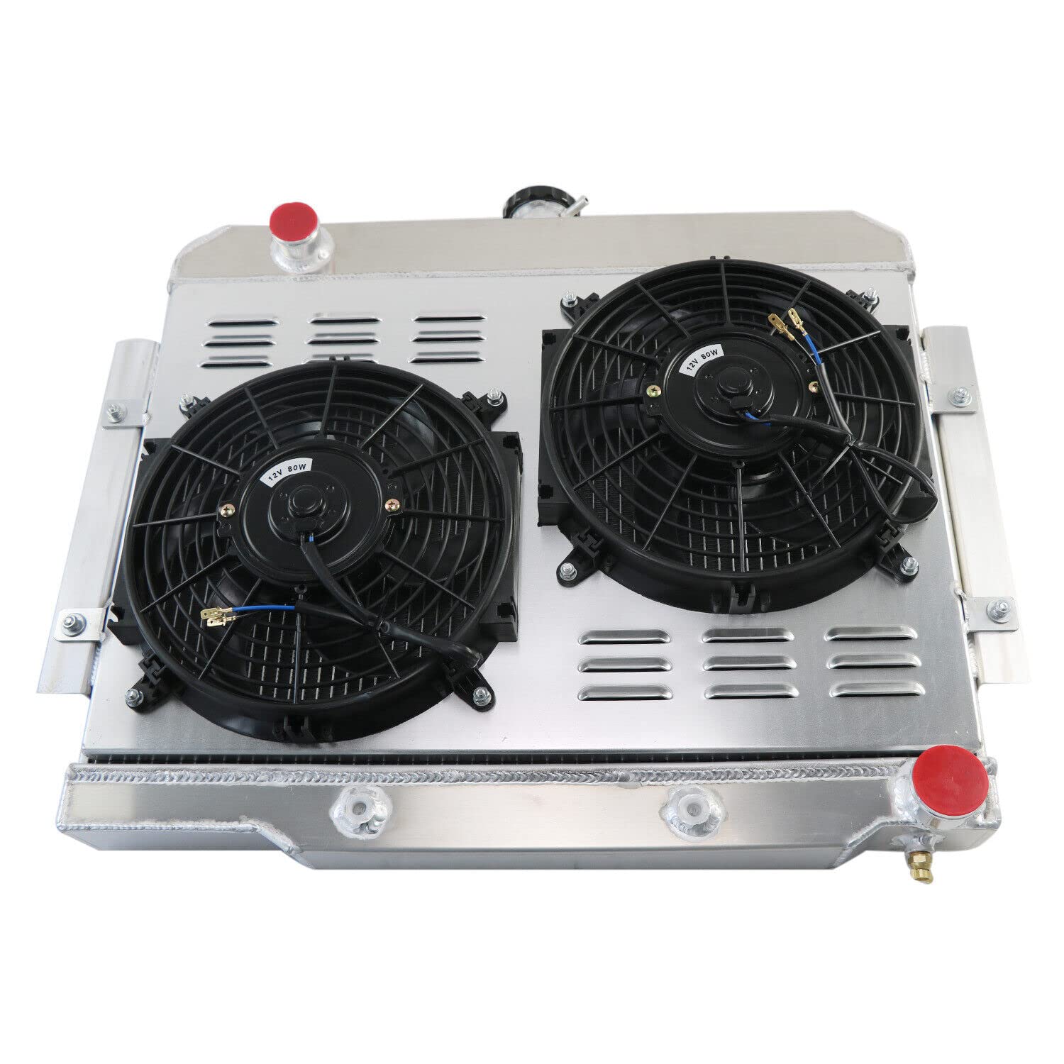 High-Performance All Aluminum Radiator for 1972-1986 Jeep CJ5 CJ6 CJ7 & Chevy SBC V8 - 4 Row Cooling System with Shroud & Fan Relay Kit - Perfect for Off-Roading, Overlanding & Hot Climate Driving
