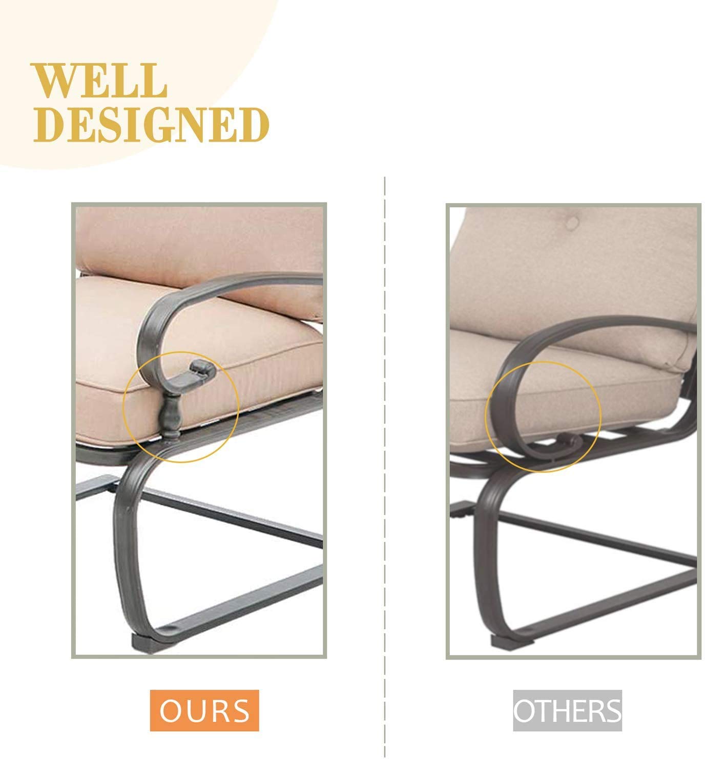 3-Piece Outdoor Patio Bistro Set with Spring Motion Metal Lounge Chairs & Round Table - Brown Washable Cushion Conversation Set for Garden, Poolside or Backyard Relaxation