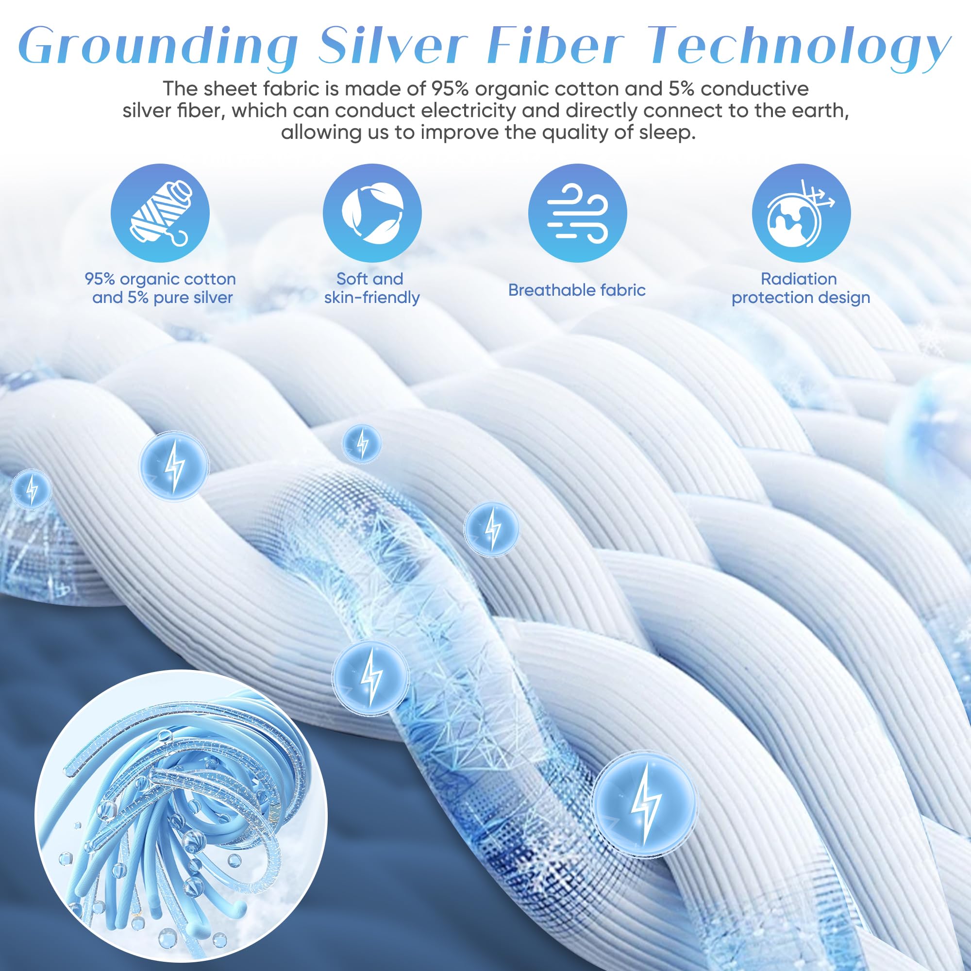 Organic Cotton Grounding Sheet Queen Size - 95% Cotton 5% Silver Fiber, Earth Connected Bedding with Grounding Cord (60x80 Inches, Gray) for Better Sleep & EMF Protection - Perfect for Home, Travel & Wellness Retreats
