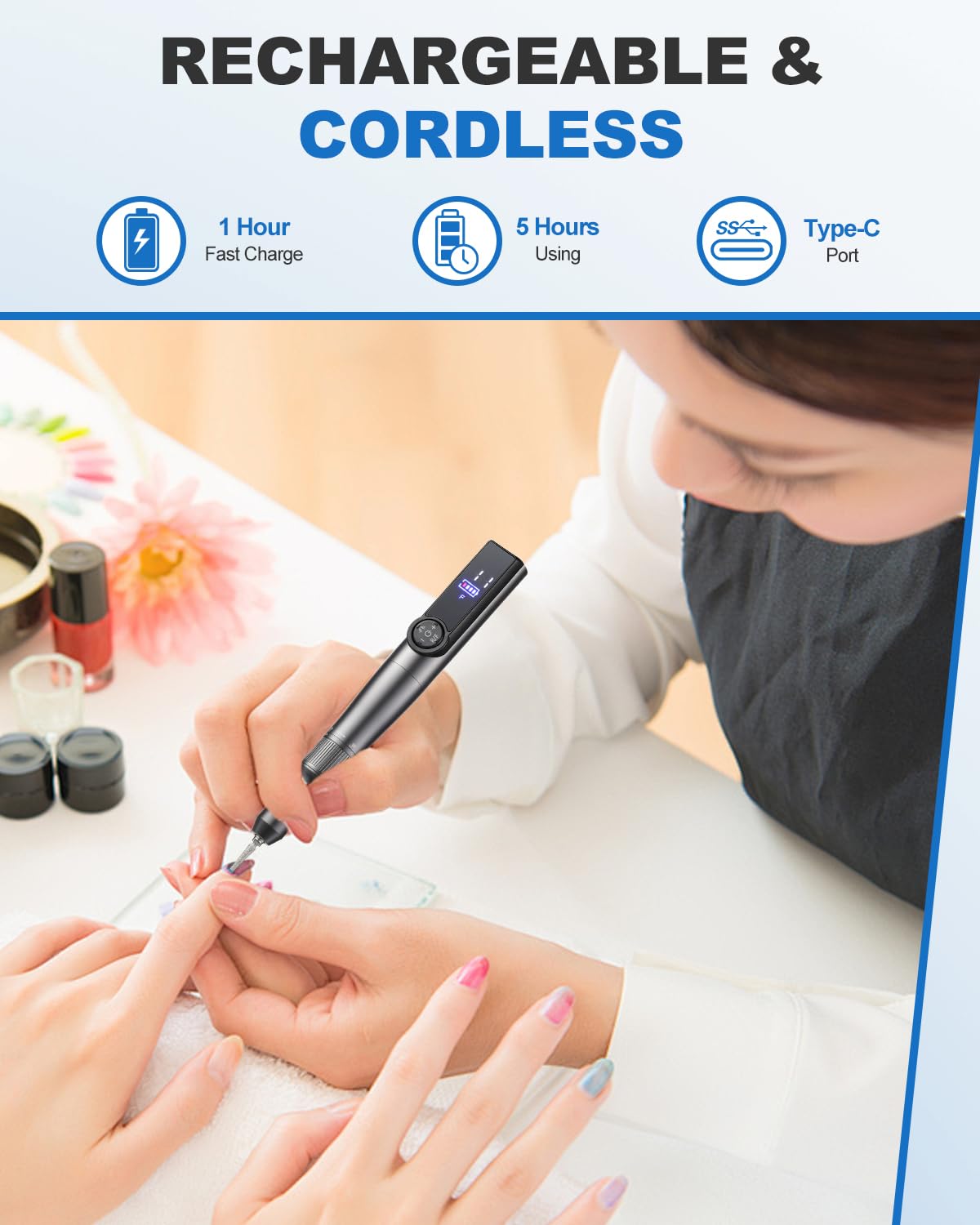 Professional Cordless Electric Nail Drill Kit with UV LED Light - 35000RPM Rechargeable Nail File with LCD Display & 7 Attachments - Portable Manicure Tool for Gel Polish Curing, Nail Art & Acrylic Removal - Perfect for Home Salon & Professional Nail Technicians