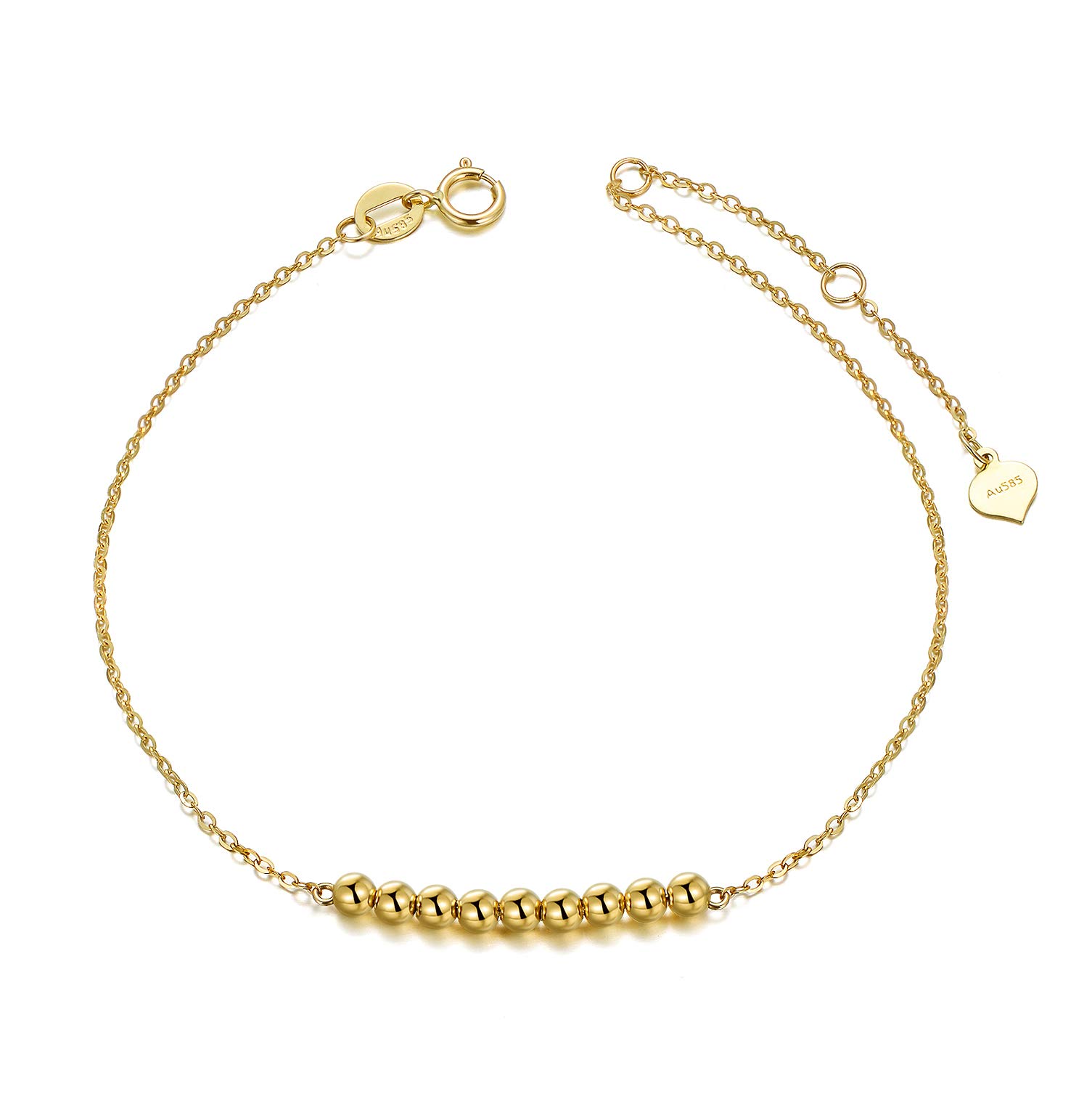 14K Solid Gold Beaded Bracelet for Women | Elegant Yellow Gold Jewelry | Adjustable 6.5