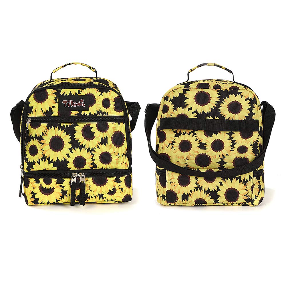 Insulated Lunch Bag with Adjustable Strap & Zipper - 2 Compartment Cooler Bag for Kids & Toddlers - Bento Box Carrier - Sunflower Design - Perfect for School, Picnics & Outdoor Activities