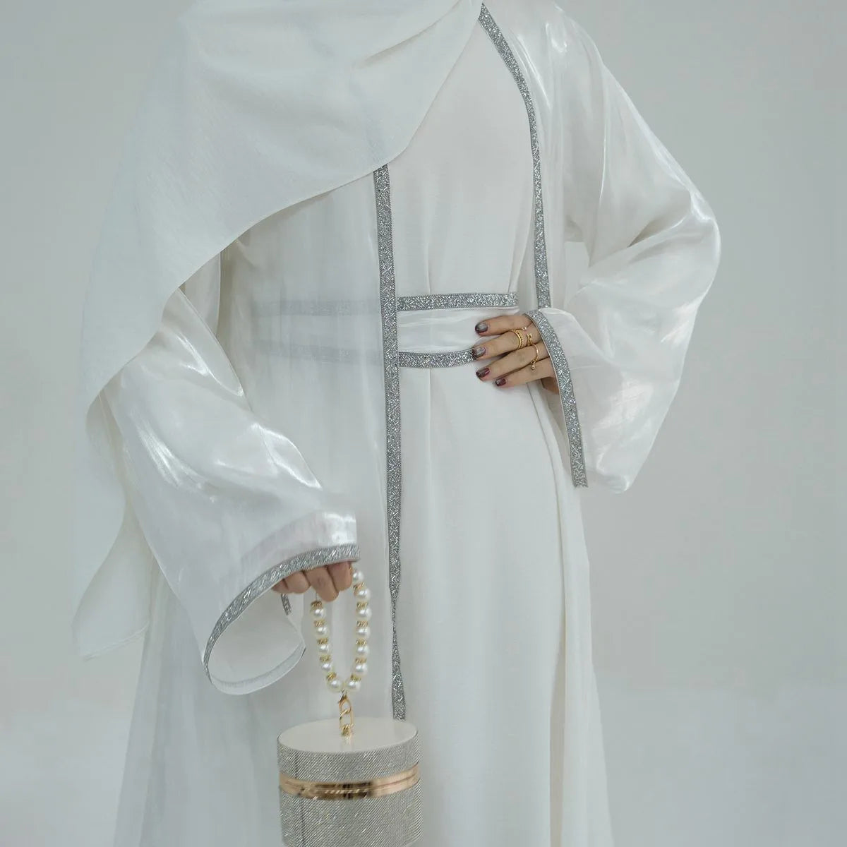 2-Piece Hotfix Rhinestone Sparkling Open Abaya Dress Set with Inner Dress - Perfect for Weddings, Parties & Special Occasions