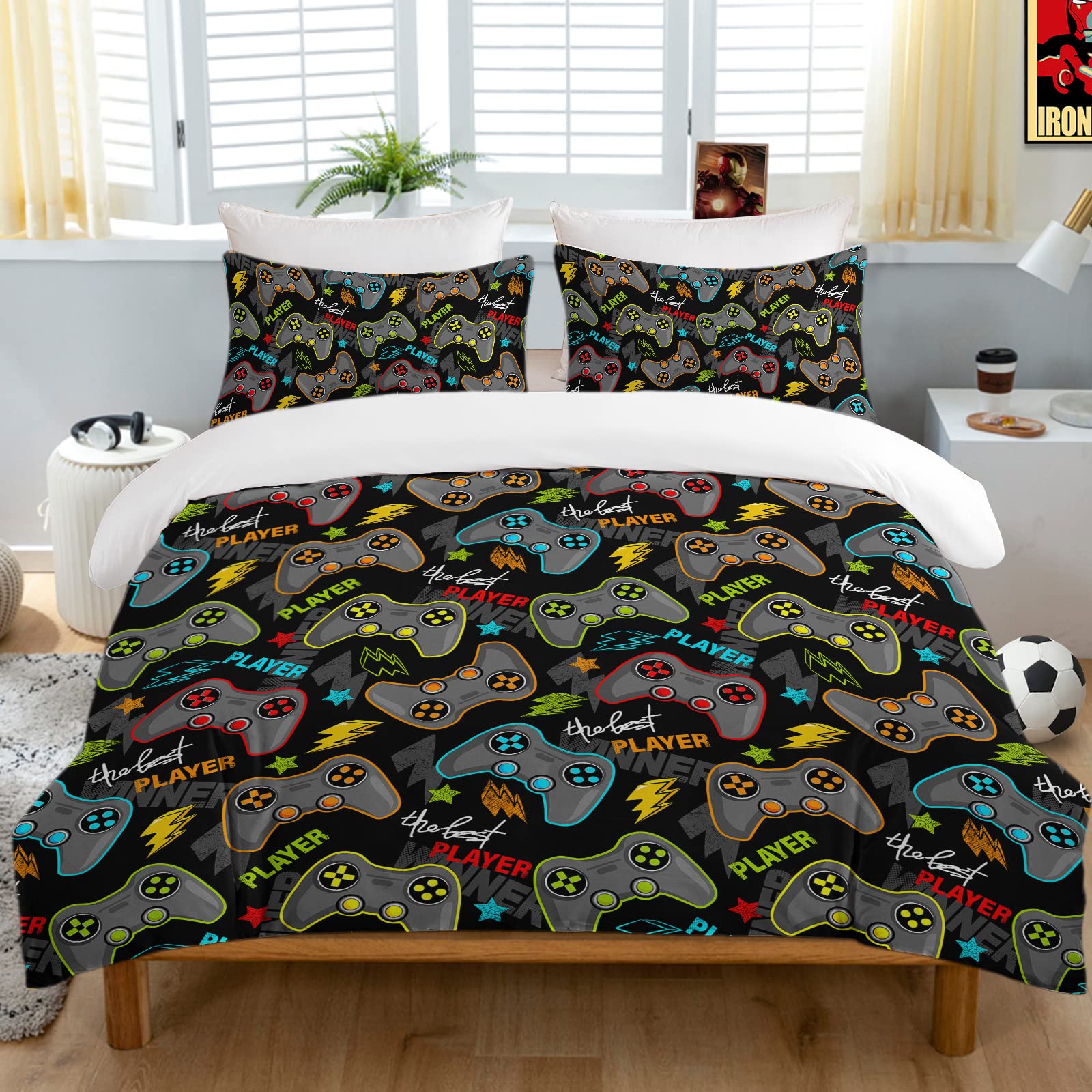 PlayStation Gaming Bedding Set for Boys - Queen Size Duvet Cover with 2 Pillowcases, Lightning Star Design, Black Gamer Bed Set for Kids Bedroom | Perfect for Teen Gamers, Sleepovers & Gaming Themed Decor