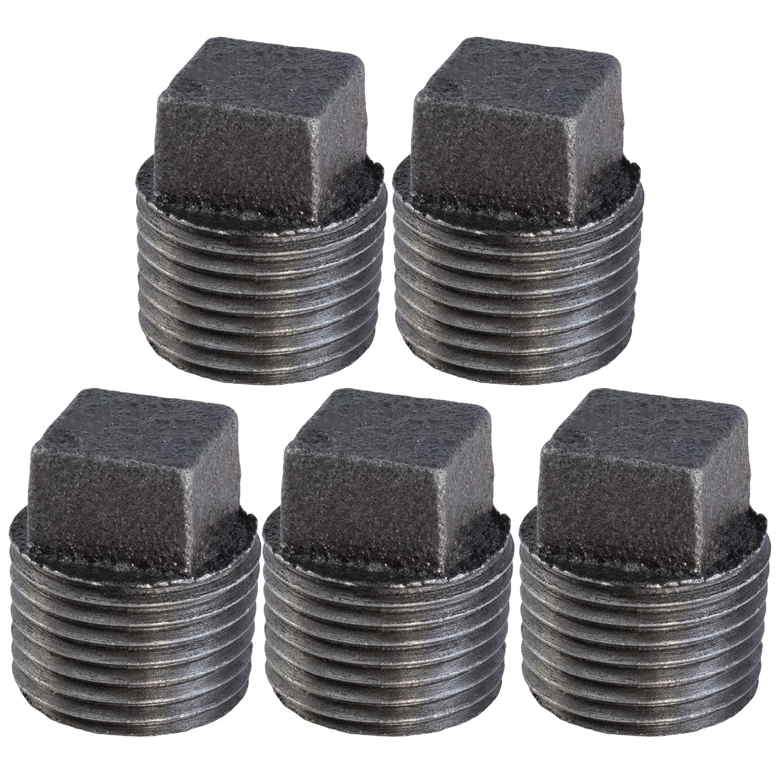 BMPL4000-5 Black Malleable Iron Pipe Plug Fitting - 4 Inch Square Head Threaded Connector (Pack of 5) - Ideal for Plumbing, HVAC, and Industrial Pipe Systems