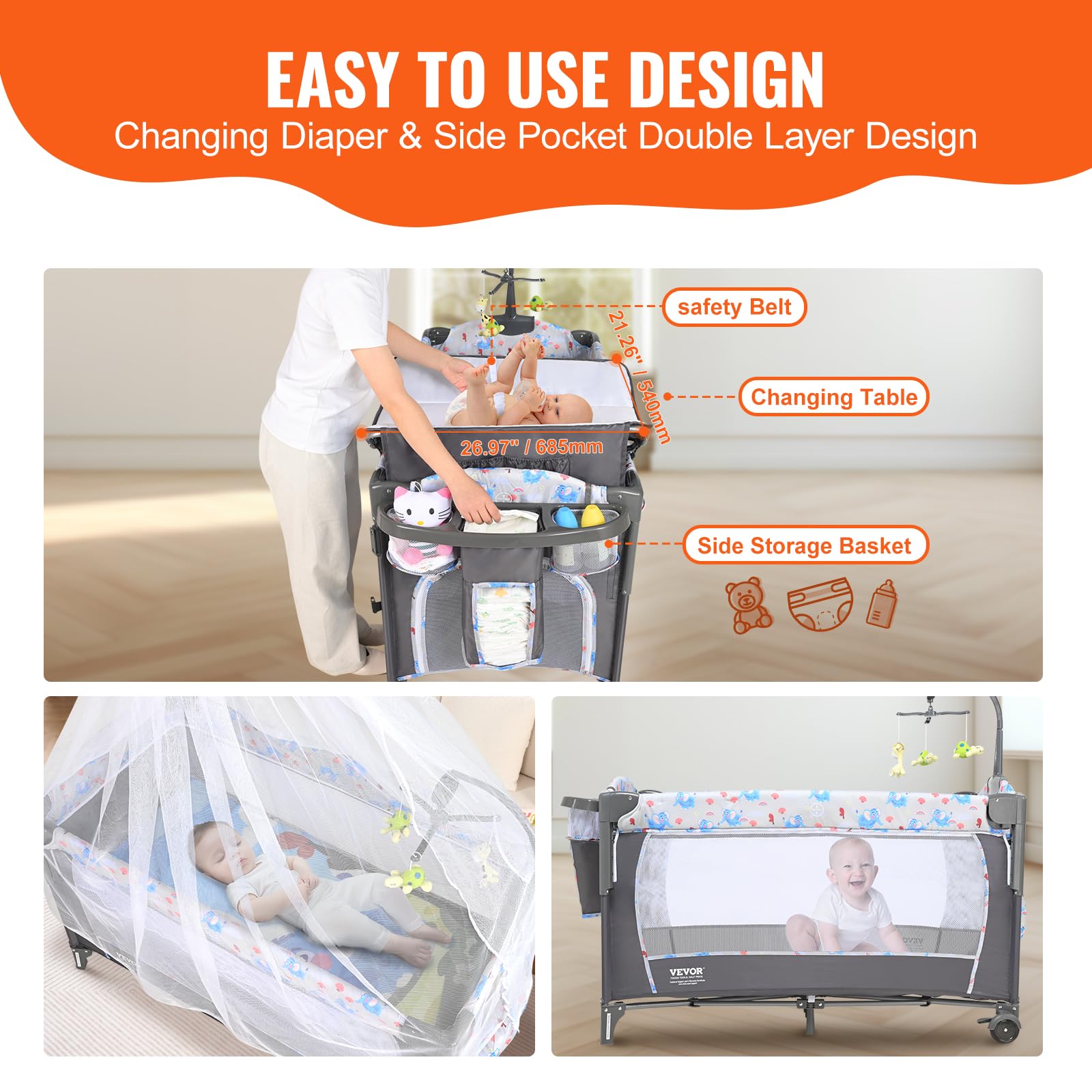 VEVOR Portable Baby Bassinet & Playard with Changing Table, Mosquito Net & Wheels - Foldable Bedside Sleeper Crib for Newborns & Infants - Perfect for Nursery, Travel & Co-Sleeping