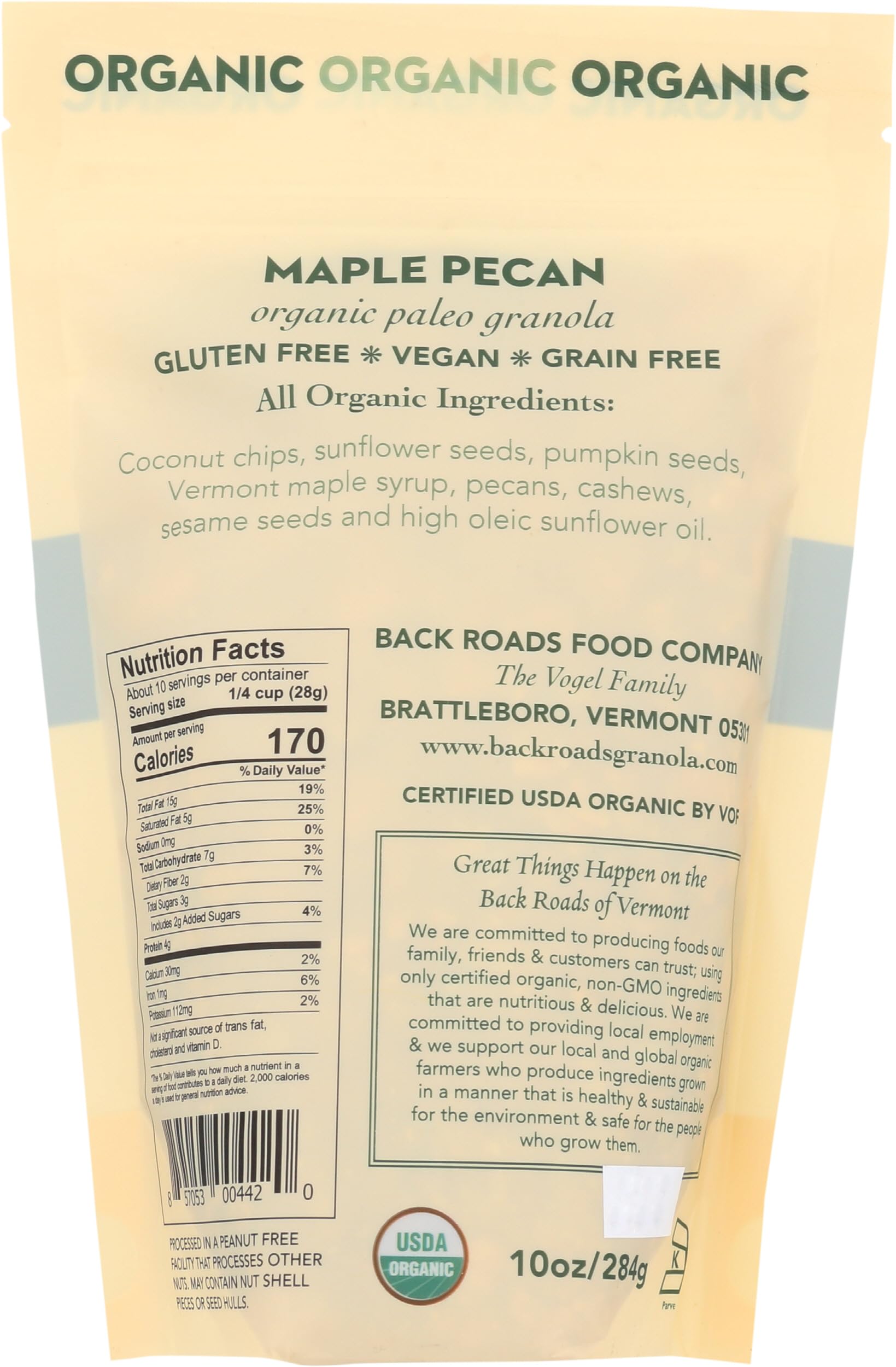 Organic Maple Pecan Granola - Gluten Free, Non-GMO, 10oz Bag - Healthy Breakfast Cereal & Snack for Hiking, Camping & Office