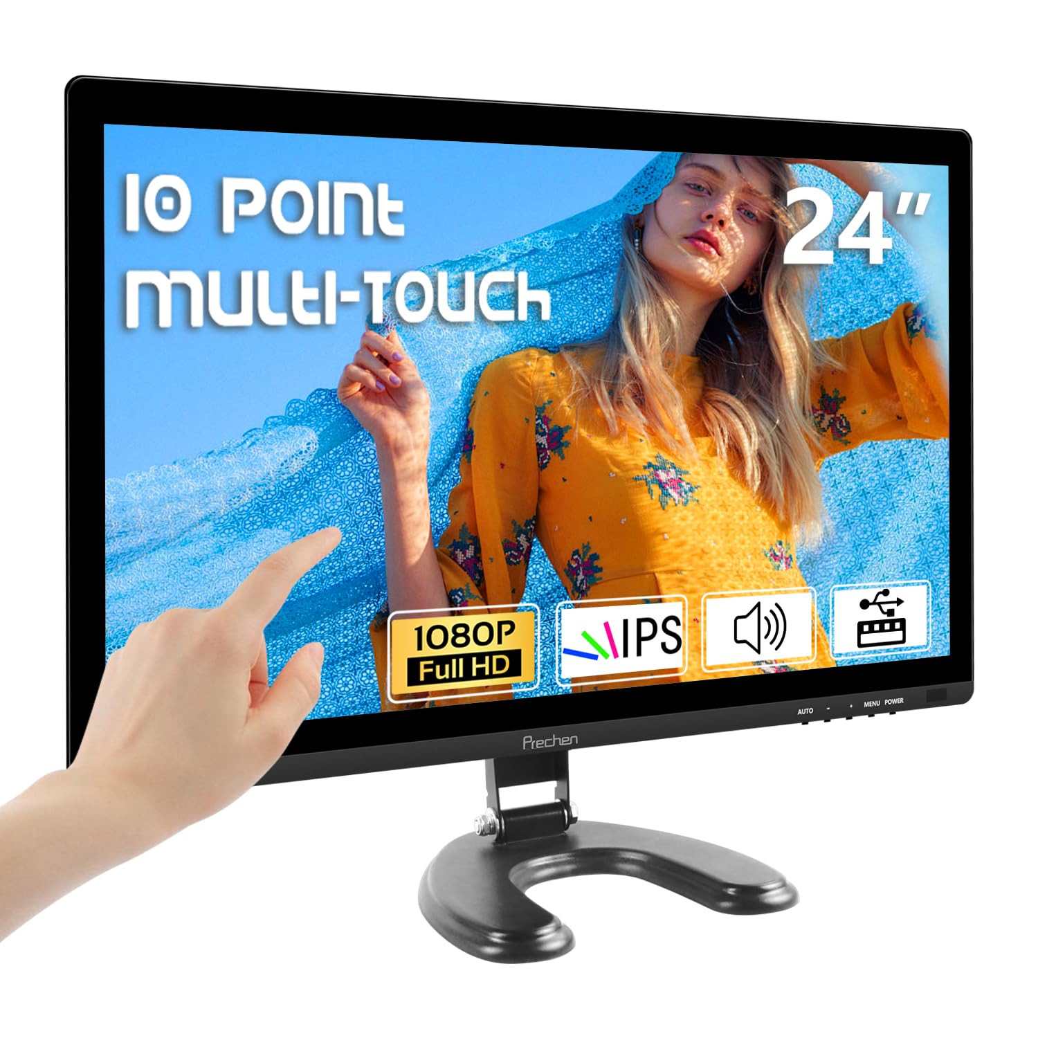 Prechen 24 Inch IPS FHD 1080P Touchscreen Monitor - HDMI VGA USB Ports, 75Hz Refresh Rate, VESA Mount, Built-in Speakers - Perfect for Gaming, Business & Home Office Use