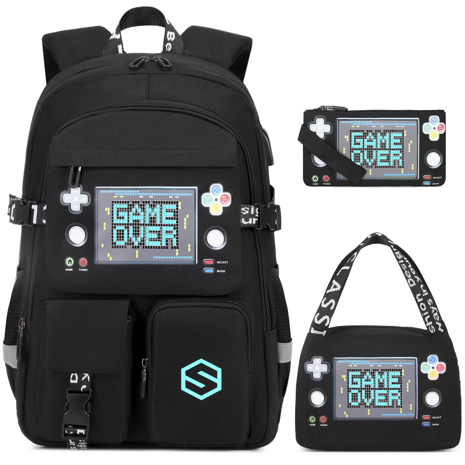 Cool Luminous Boys Backpack with USB Charging Port - Waterproof School Backpack for Kindergarten, Elementary & Middle School - Includes Lunch Bag & Pencil Case - Perfect for Teen Boys & Kids Daily Use, Travel & Outdoor Activities