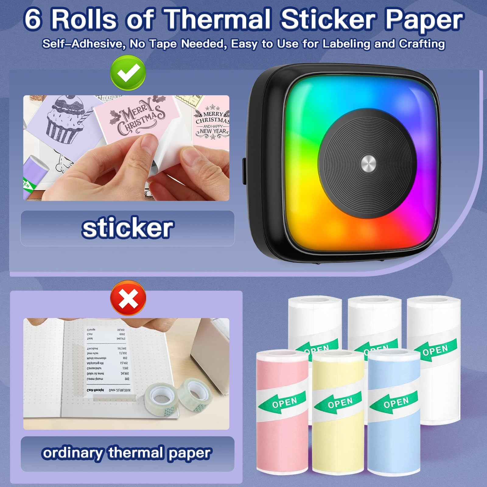 Portable Mini Sticker Printer with 6 Rolls Sticker Paper - 7 Color LED Light Modes for DIY Scrapbooking, Travel Journaling, Note Taking & Labeling | Wireless Bluetooth Compatible with iPhone & Android Phones | Perfect for School, Office & Home Organization
